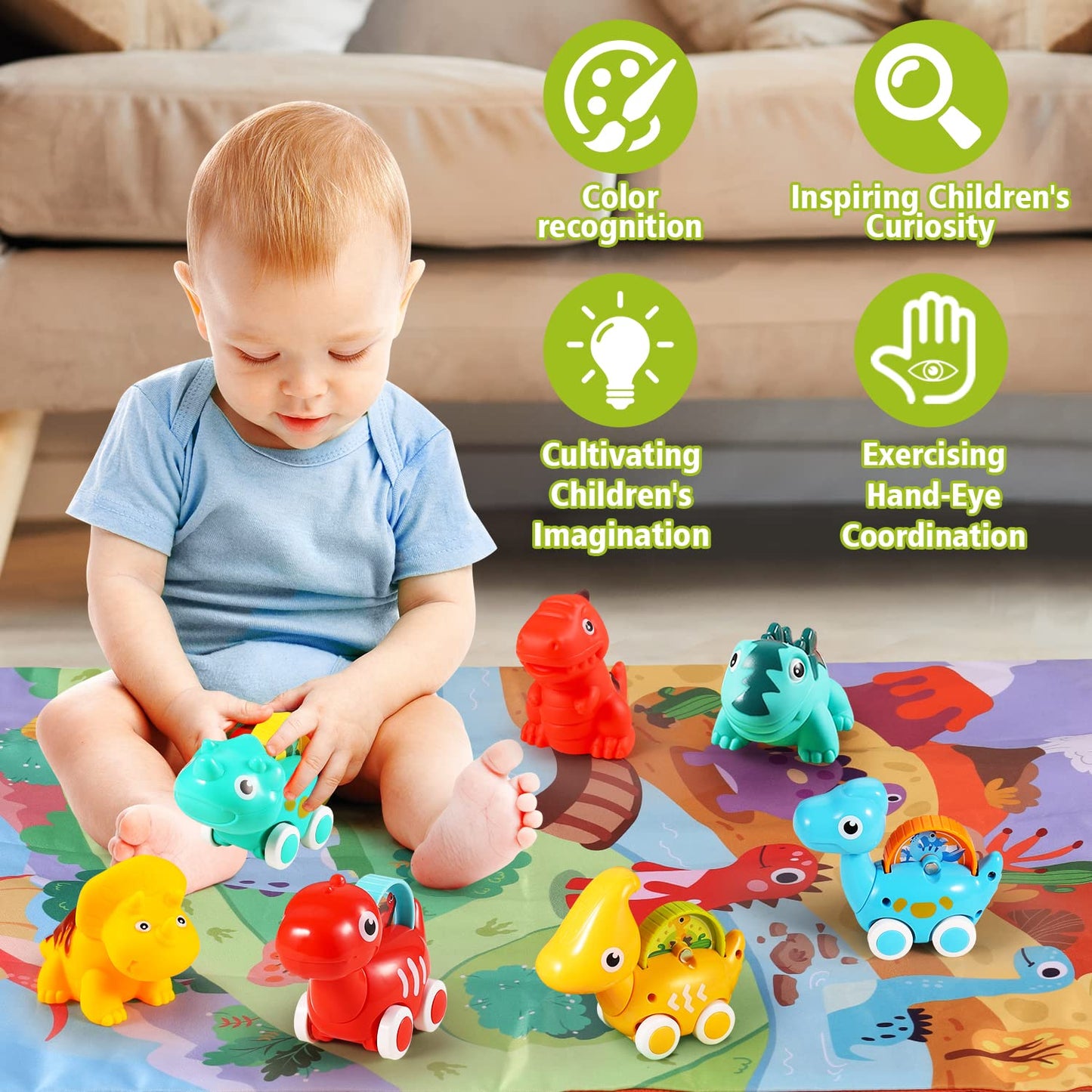 ALASOU 7 PCS Dinosaur Car Toys with Playmat and 3 PCS Suction Cup Rotating Toys for Infant and Toddlers