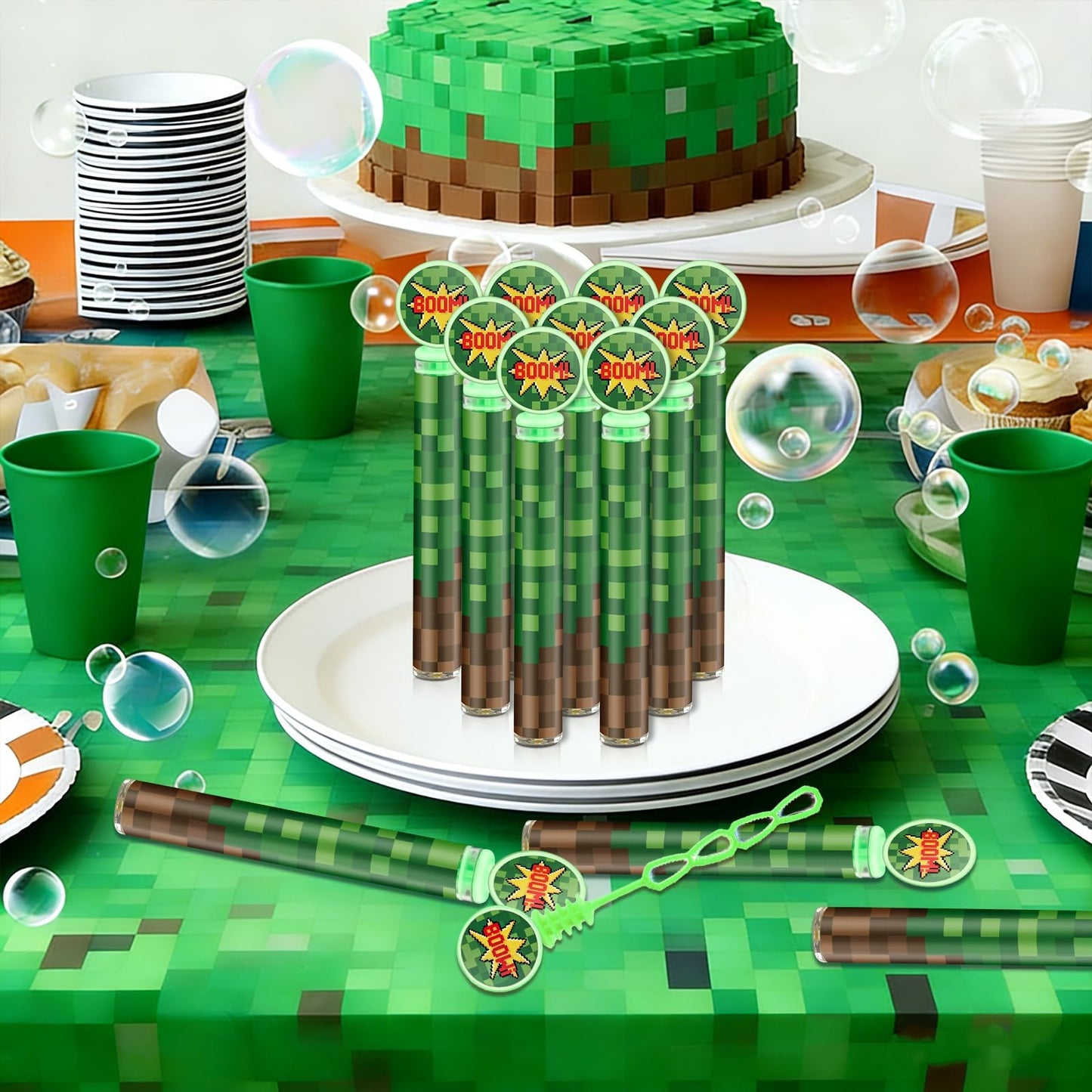 24 Pack Pixel Bubble Wands Bulk for Kids - Themed Birthday Party Favor with Green & Brown Pixel Mini Bubbles, Goodie Bag Stuffers, Classroom Prizes, Summer Outdoor Toys, Graduation Party Favors