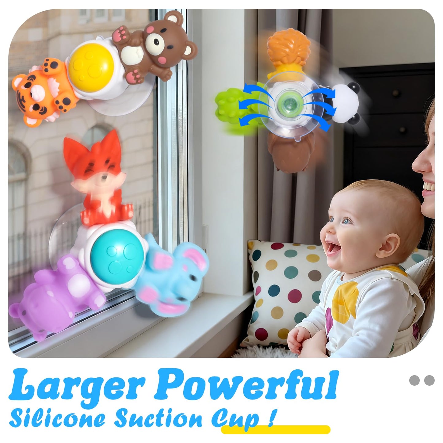 3PCS Cute Safari Animals Suction Spinner Toys for Babies, Detachable Soft Animal Figurines Finger Puppet, Bath Toy for Toddler Ages 1-3, Montessori Toys Birthday Gifts for Boys and Girls 12 Months+