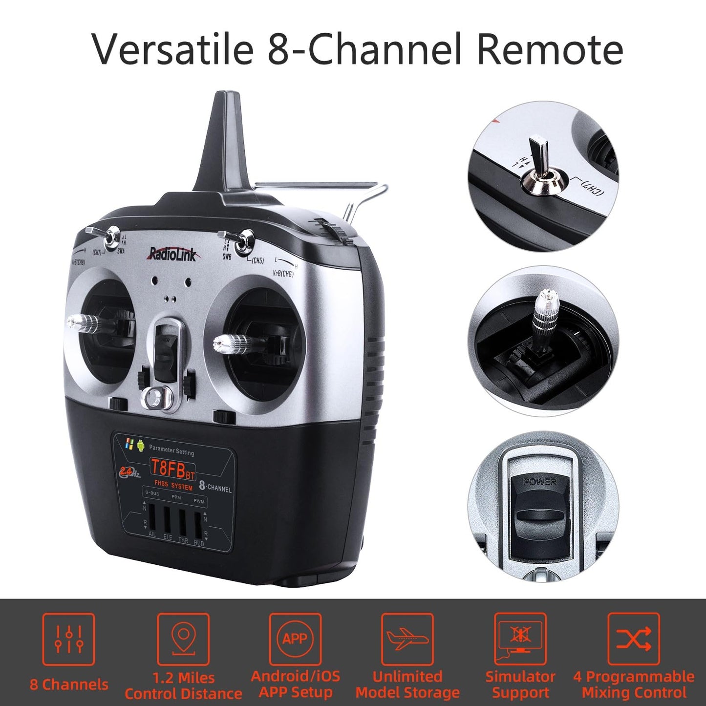 Radiolink T8FB 8 Channels 2.4GHz RC Remote Transmitter and R8EF Receiver APP Parameter Setup Dual Stick Controller for RC Airplane Aircraft Boat Car and More(Mode 2)