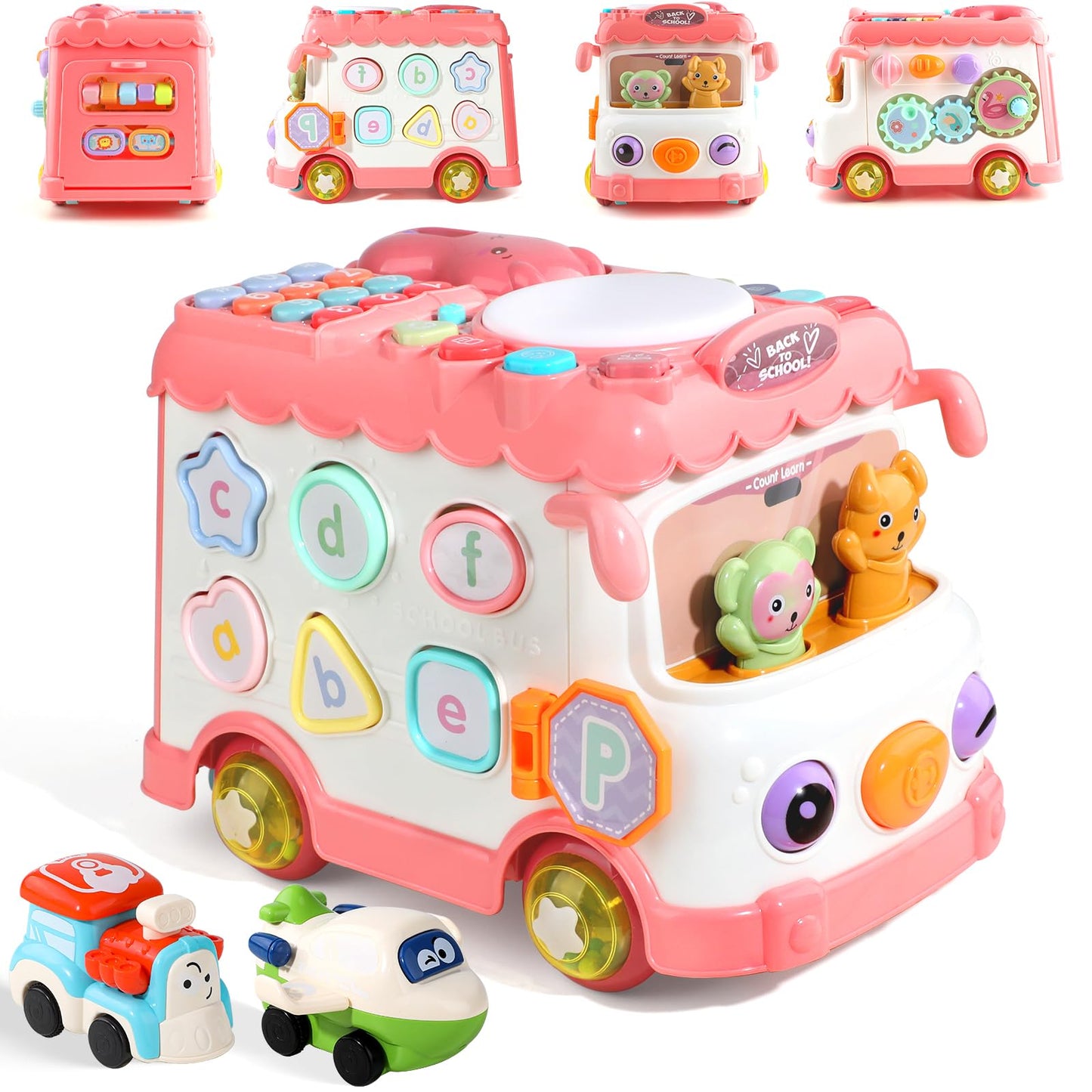 HAYXUN Montessori Toy for 1+ Year Old Girls, 10-in-1 Musical Learning Bus Baby Toys for 12-18 Months Present, Educational Developmental Sensory Toy, First Birthday Gifts for 1 Year Old Girl Toddlers