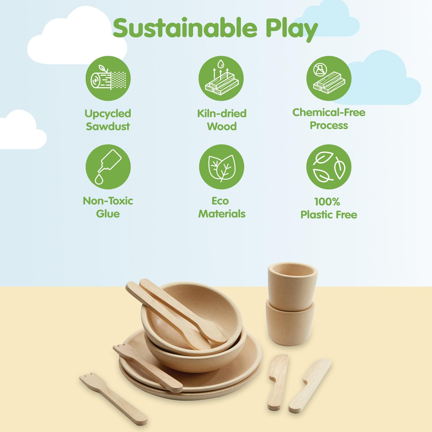 PlanToys® Pretend Play Wooden Tableware Set for Kids | 16-Piece Montessori Kitchen Toy Set with Plates, Cups, Bowls & Utensils | Eco-Friendly, Non-Toxic Toy for Toddlers & Preschoolers