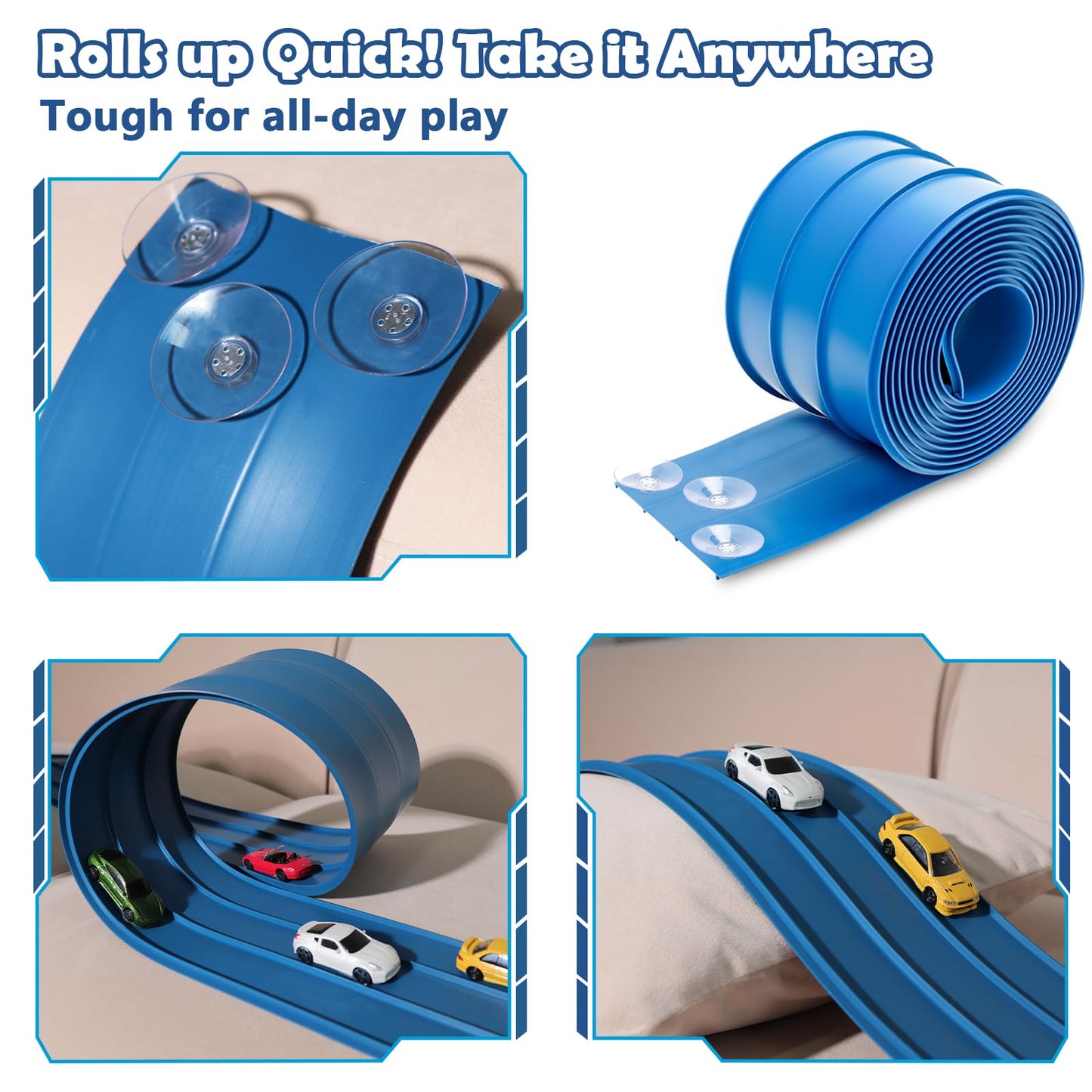 3-Lane Flexible Race Track for Kids 15ft Race Car Track Compatible with Diecast 1/64 Scale Cars, Flexible Car Track Race Ramp Toy with Strong Suction Cups