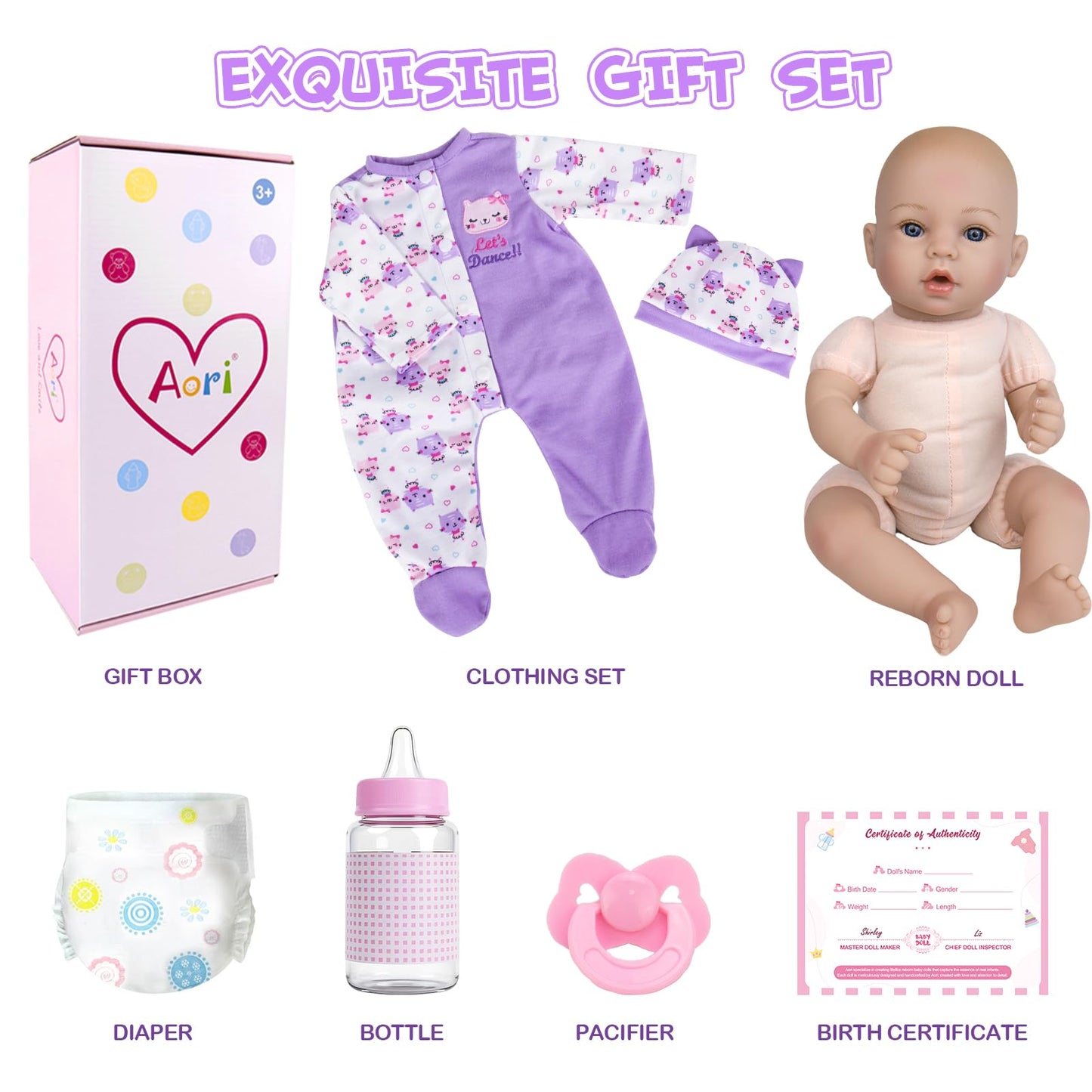 Aori Reborn Baby Dolls- 18'' Realistic Newborn Baby Doll with Feeding Set & Birth Certificate - Lifelike Real Life Baby Dolls for Role Play, Gift for Kids Ages 3+, Pre-Parents, Grand-Parents
