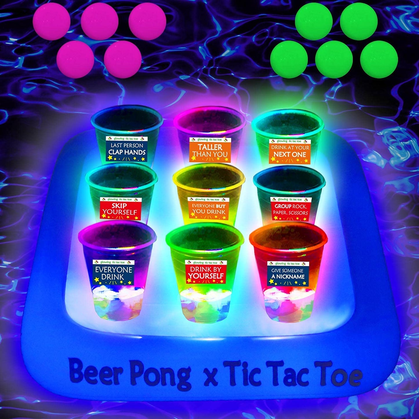 Ahuimeius 23 x 23 Inch Glowing Pool Party Rack Tic Tac Toe Floating Rafts, Swimming Pool Pong Party Game Drinking Game and Drink Holder, Includes 1 Rafts 9 Cups and 10 Pong Balls, Flashing Color 1