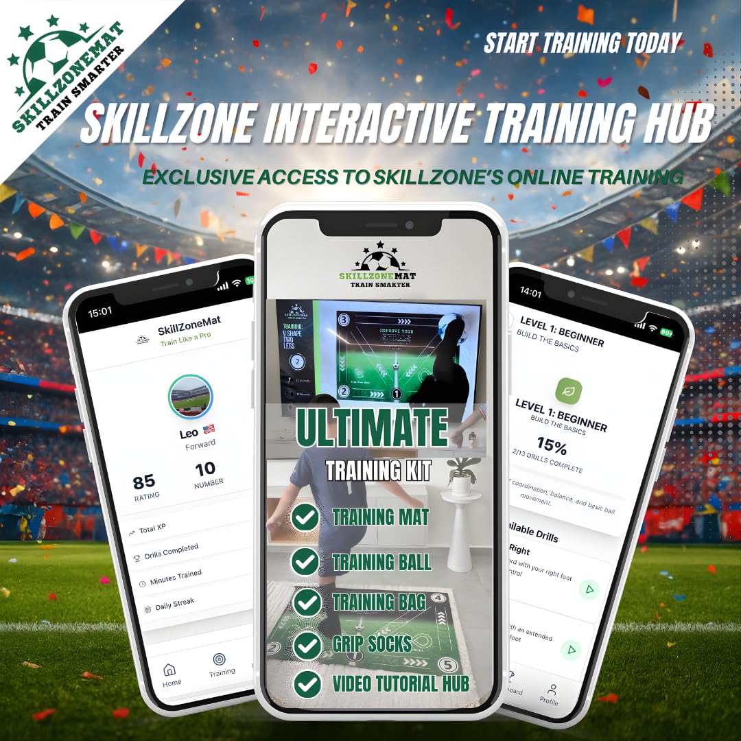 SkillZone Soccer Training Mat – Soccer Dribbling & Footwork Trainer with SkillZone Interactive Training Hub | Soccer Skills & Ball Control Practice for Kids & Teens | Indoor & Outdoor Agility & Coordination Training System (World Champions 2026 - Match Ki