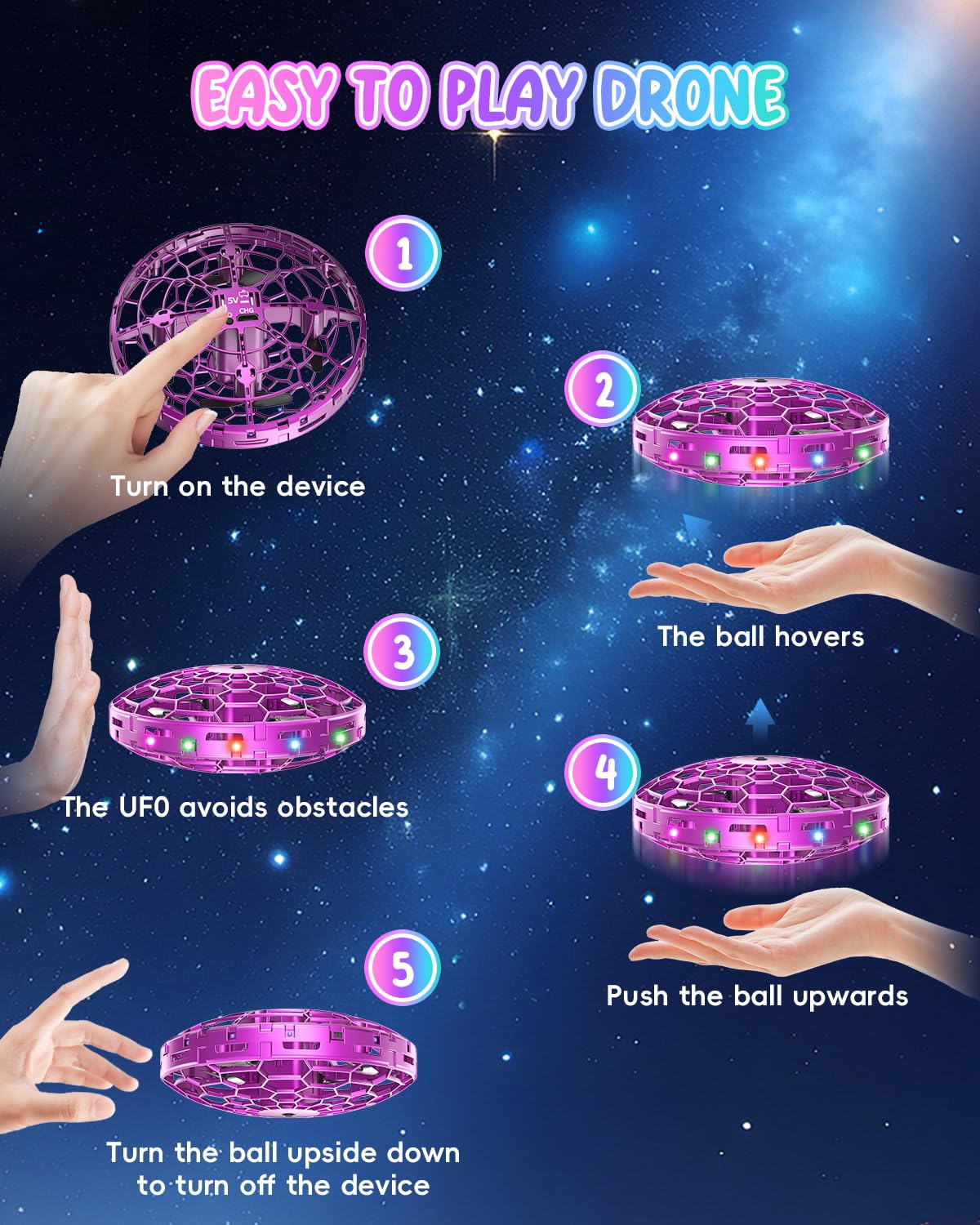 PYMSRTY Flying Toy Drone for Kids，360° Hands Free Motion Sensors Mini Drone with Cool LED Lights,Easy Indoor Small UFO Toy Flying Ball Drone for Kids -Pink