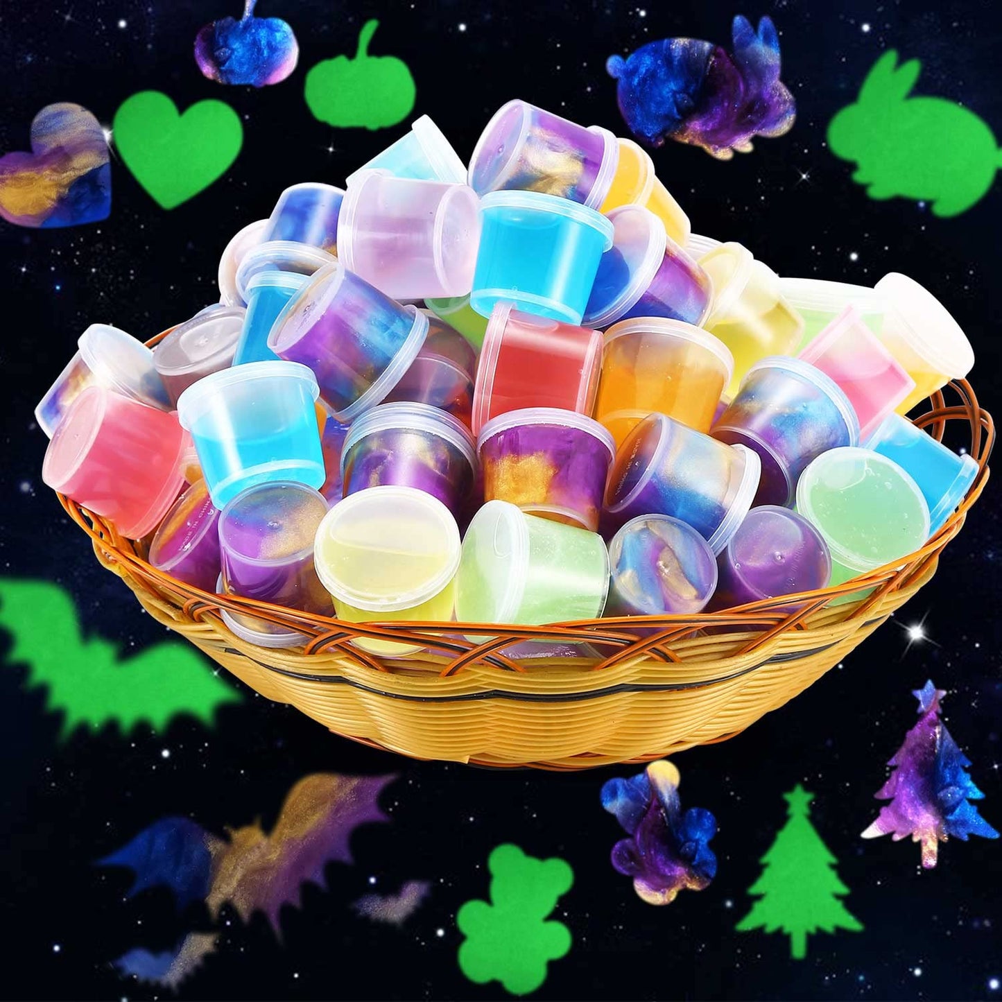 60 Pack Galaxy Slime Pack, Including Glow in The Dark Slime 30 Pack and Galaxy Color 30 Pack, Super Soft and Stretchy Slime Toy for Kids Valentine, Birthday, Classroom Prizes, Goodies Bag Stuffer.