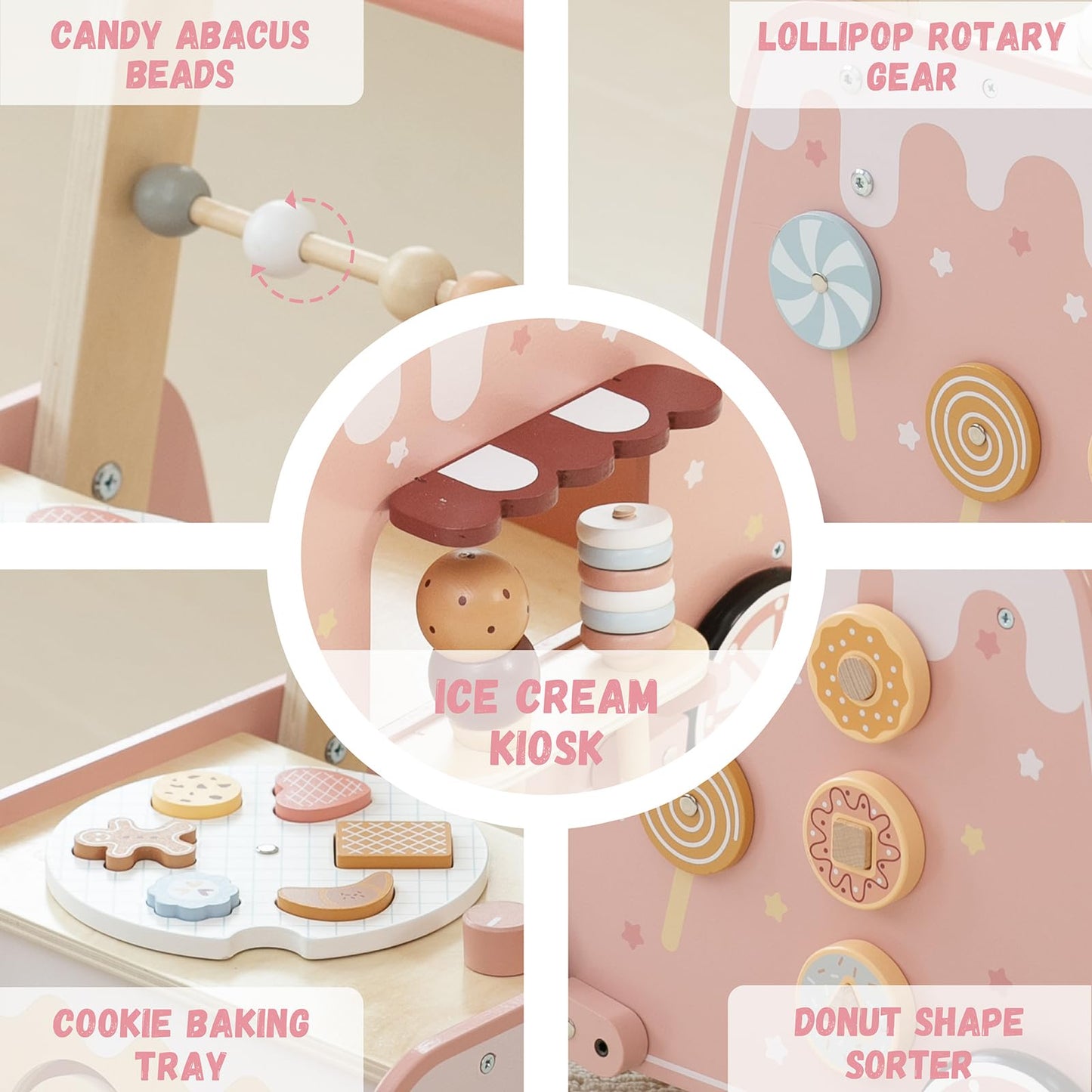Wooden Baby Walker, Multifunctional Ice Cream Cart Activity Toy for Learning to Push Walk with Wheels, Pretend Playset Ideal for Toddlers, Boys and Girls Ages 18-36M