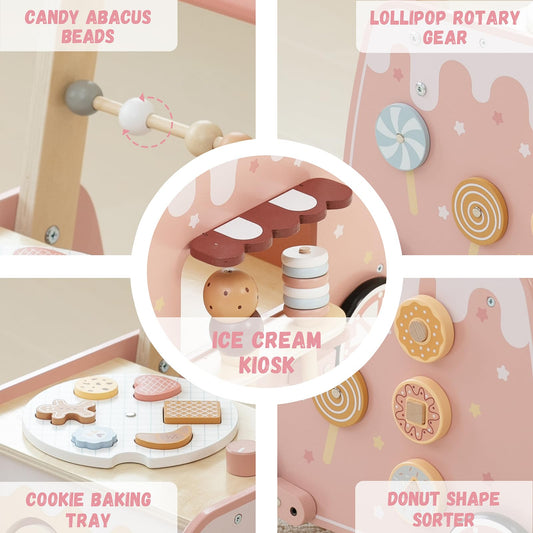 Wooden Baby Walker, Multifunctional Ice Cream Cart Activity Toy for Learning to Push Walk with Wheels, Pretend Playset Ideal for Toddlers, Boys and Girls Ages 18-36M