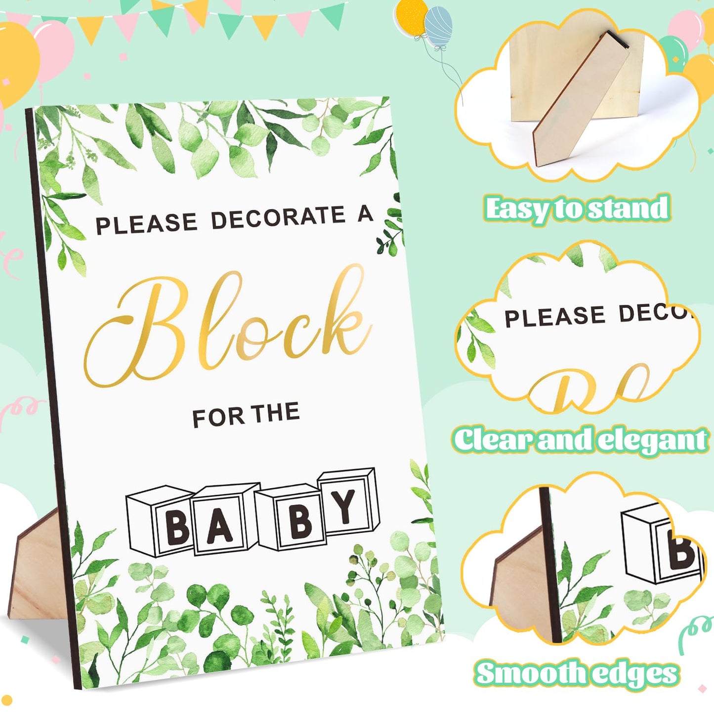 Pydeeirom Baby Shower Blocks Game Set with Wooden Box, Acrylic Markers & Wooden Sign for Baby Shower Games, Gender Reveal & Decorations (GreenLeaves)