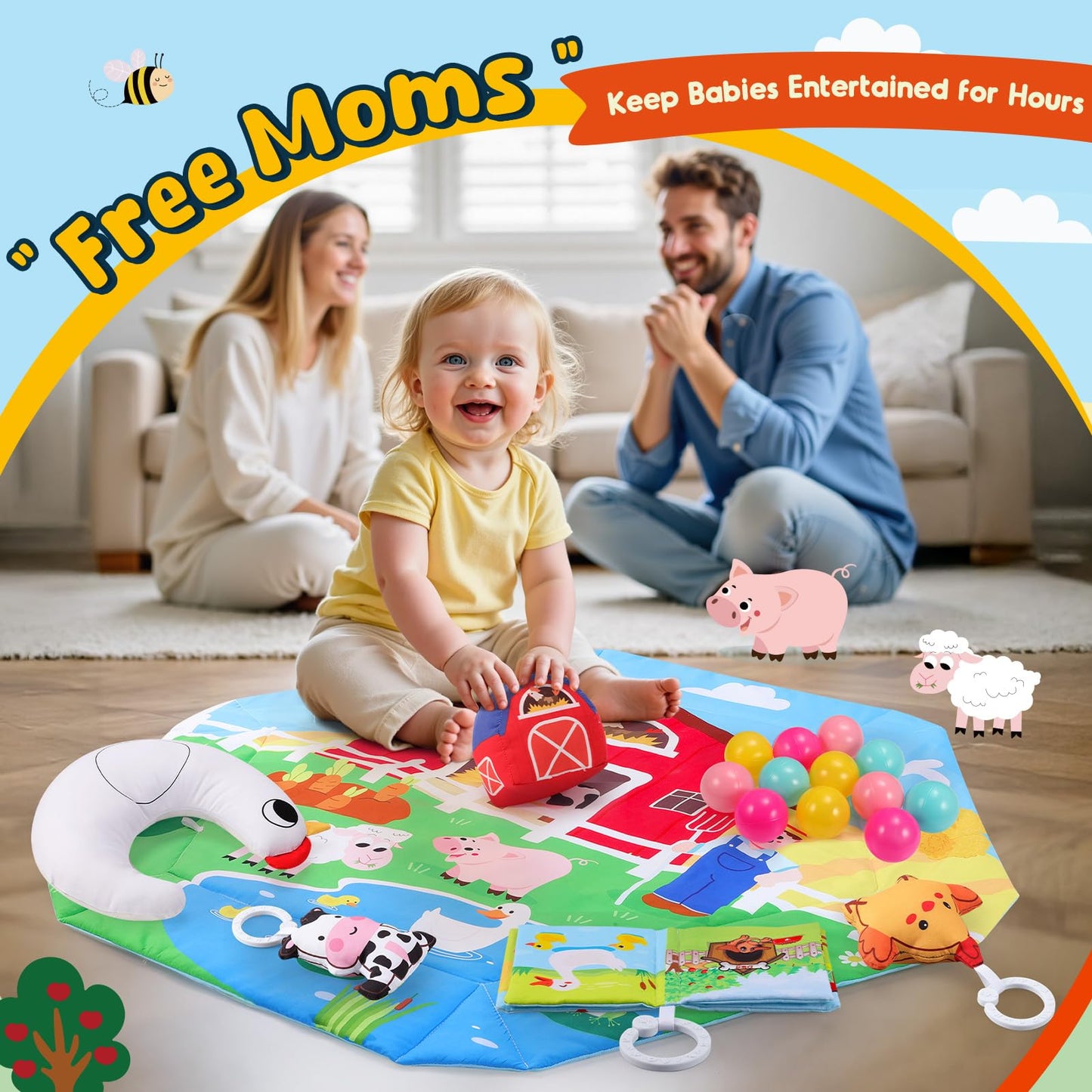 Farm Animal Baby Gym Play Mat, 9-in-1 Tummy Time Mat with 7 Baby Toys, Washable Baby Activity Mat for Visual, Sensory, Motor Development, Newborn Baby Toys Gift for Toddler 0-3-4-6-9-12 Months