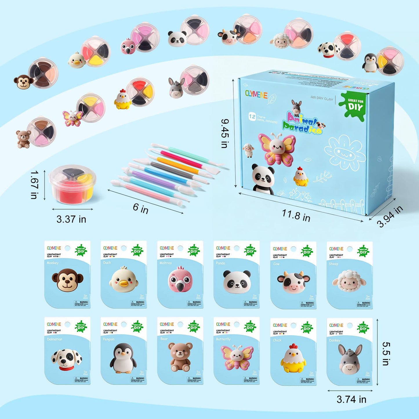 CLYMENE Air Dry Clay Kit for Kids, 12 Animals Modeling Clay with Tools & Tutorials, Arts and Crafts Creative Toys for Boys and Girls Ages 3+