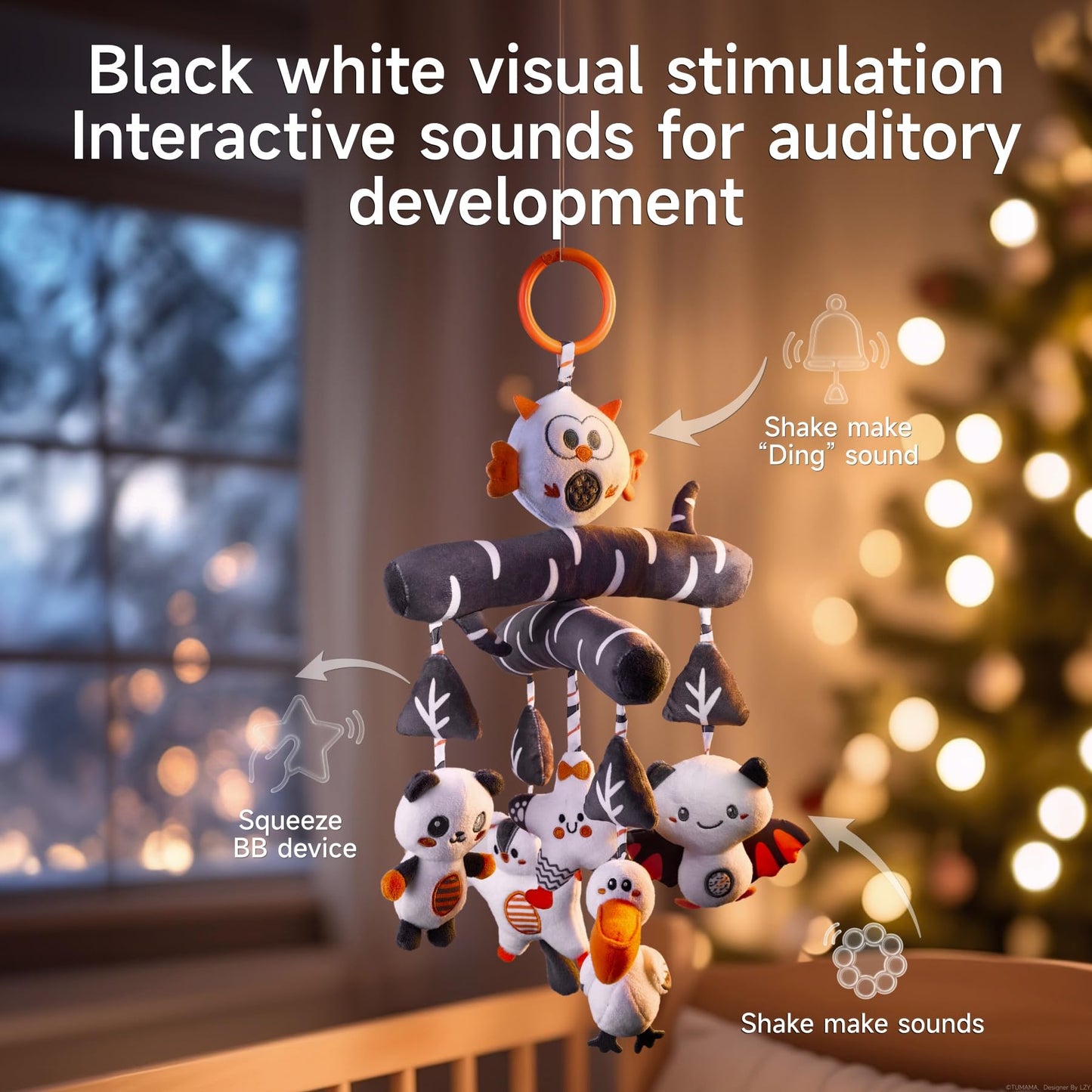 TUMAMA Black and White Baby Crib Stroller Hanging Toys, Cute Plush Animal Baby Crib Mobile Rattle Toy, High Contrast Sensory Baby Toy for 0 3 6 9 to 12 Months