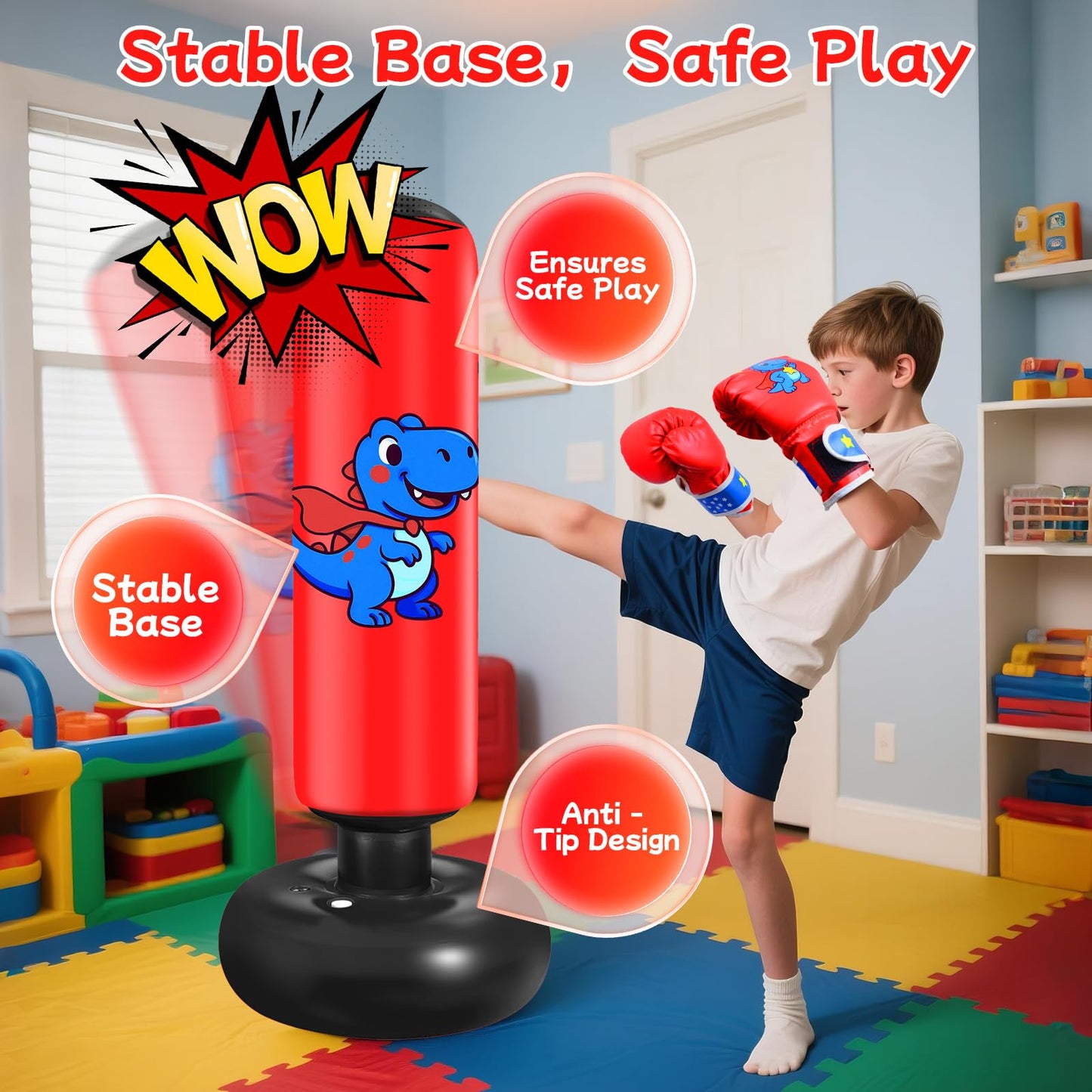 Inflatable Punching Bag for Kids: Qoosea 48 Inches Kids Bop Bag Boxing Gloves & Air Pump Dinosaur Toy Gift for Toddler & Kid Ages 3-8,Freestanding Punching Bag Easy to Inflate,Durable Safe Boxing Bag