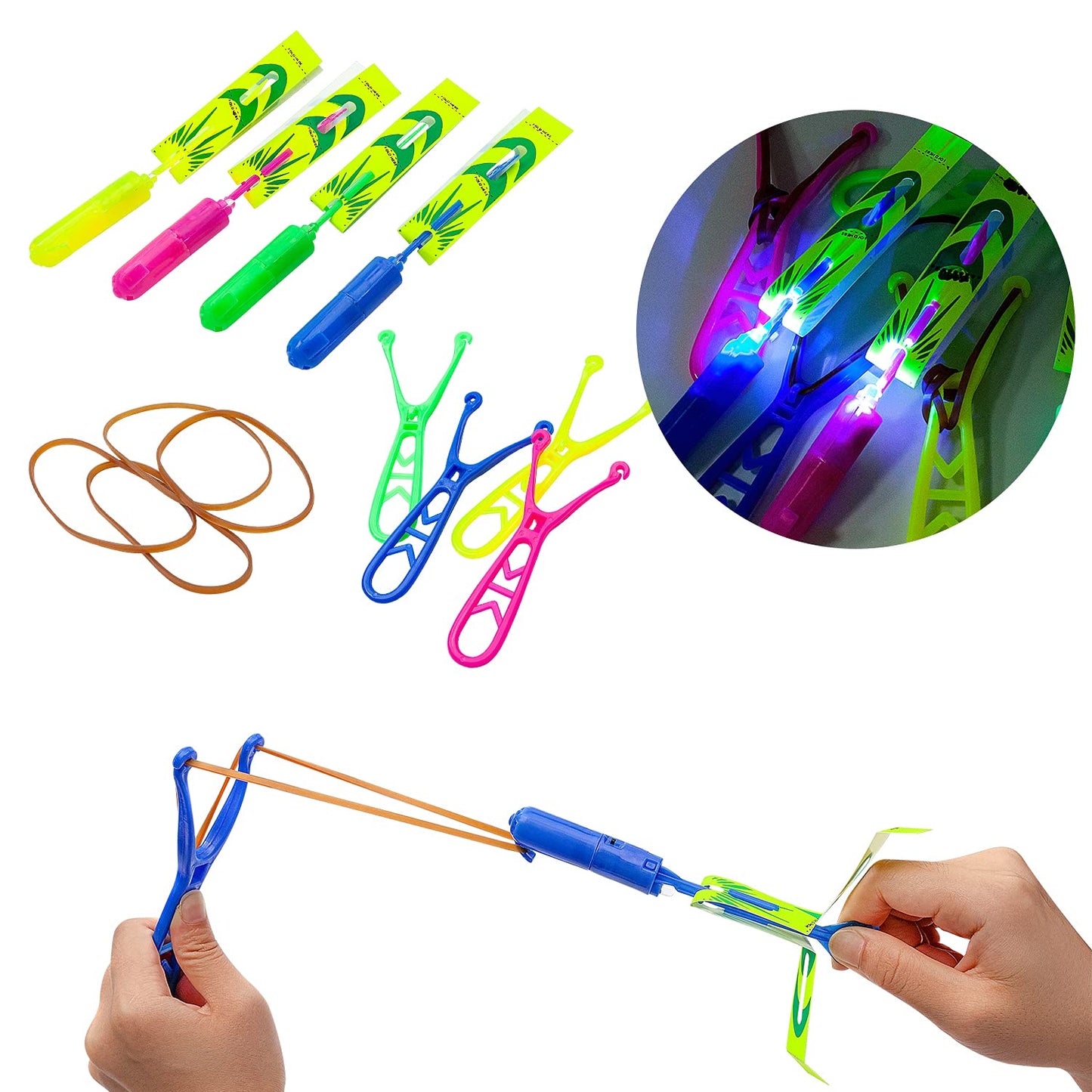 Slingshot Flying with LED Lights Glow The Dark Party,12 Launchers + 12 LED Helicopters,Slingshot Amazing Arrow Helicopter Glow Supplies for Kids (24 Pieces)