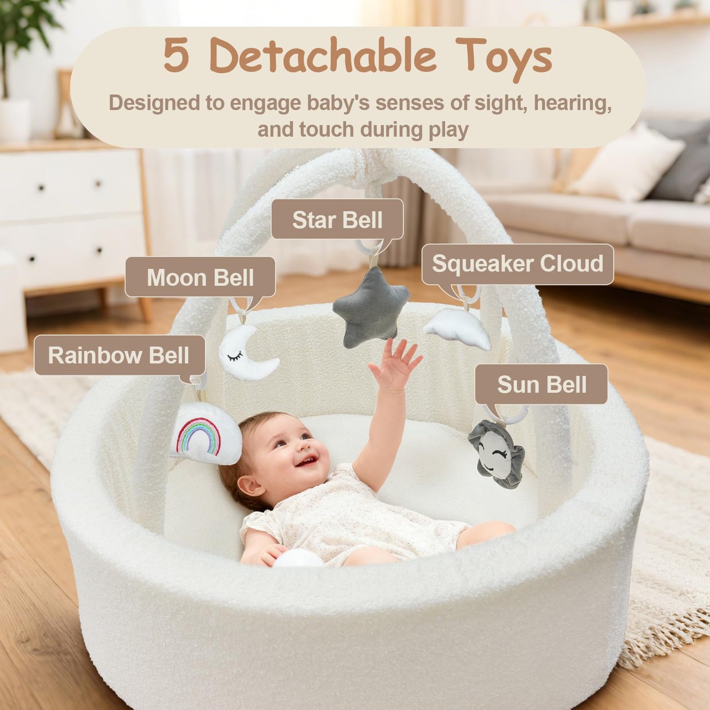 MEOGETY Baby Ball Pit with 5 Hanging Toys & Removable Play Arch for Toddlers Soft Foam Activity Center for Girls Boys Great Gift, Easy to Assemble & Clean, Teddy White