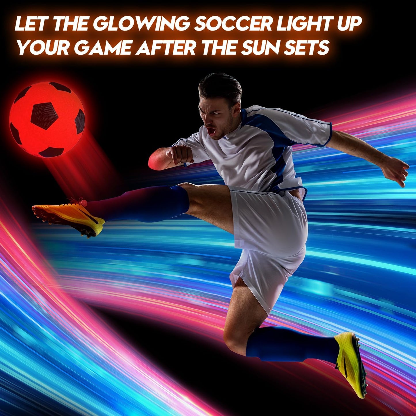 HITEGY Glow in the Dark Soccer Ball - Water-Resistant, Official Size 5, Light Up with Every Kick, Includes Pump, Manual & Extra Batteries - Perfect Soccer Gifts for Kids and Teen Boys (Orange)
