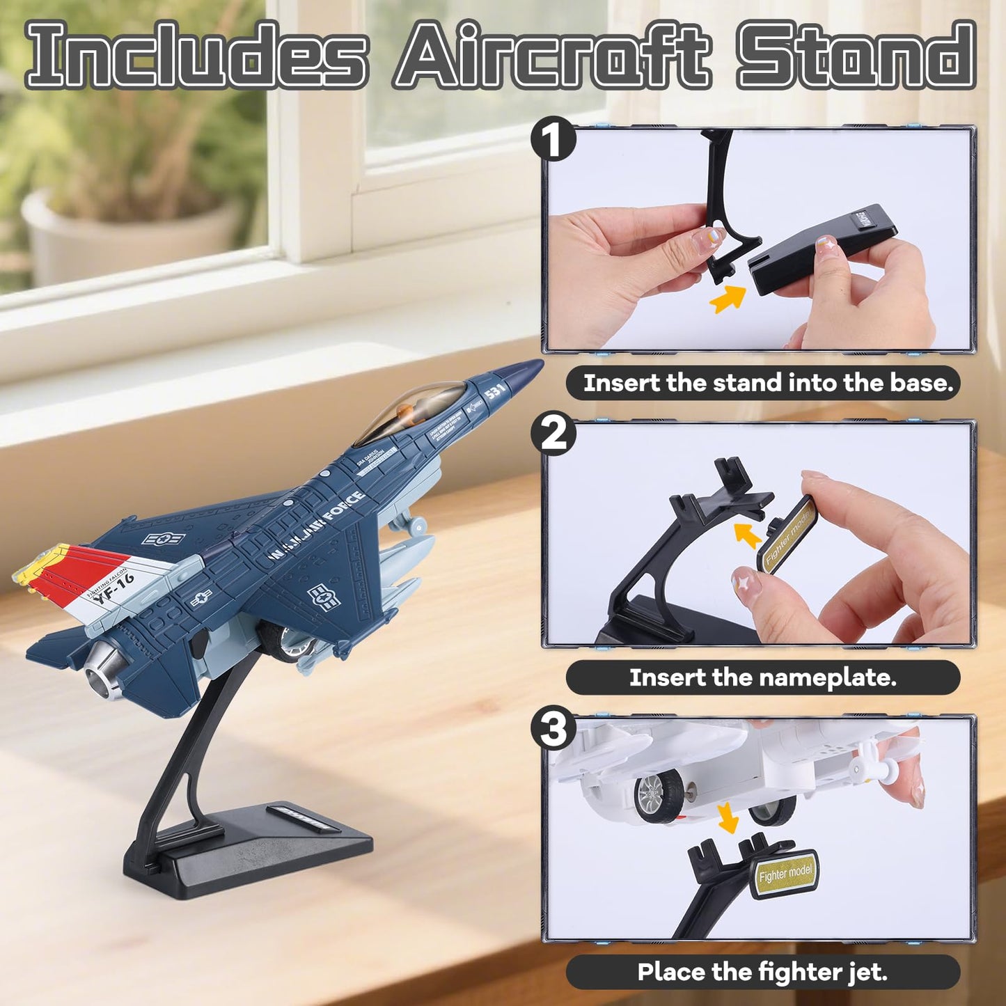 Crelloci Diecast Metal Alloy Fighter Jet Military Airplane Toy with Mist Spray, Lights & Sounds, Pull Back Function Army Air Force Aircraft for Kids, Toddlers Ages 3+, Gift for Boys Girls (Blue)