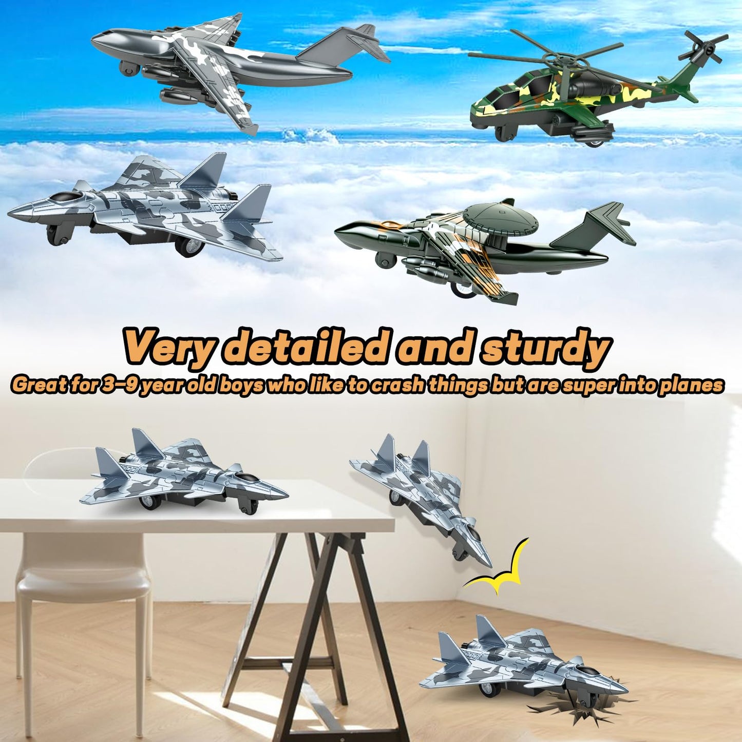 Tcvents 4 Pack Diecast Airplane Toys, Alloy Army Aircraft Plane Model Toys Camouflage Military Fighter Jet Helicopter Toy Pull Back Kids Play Vehicles for 3 4 5 6 7-9 Years Old Boys Girls Gift
