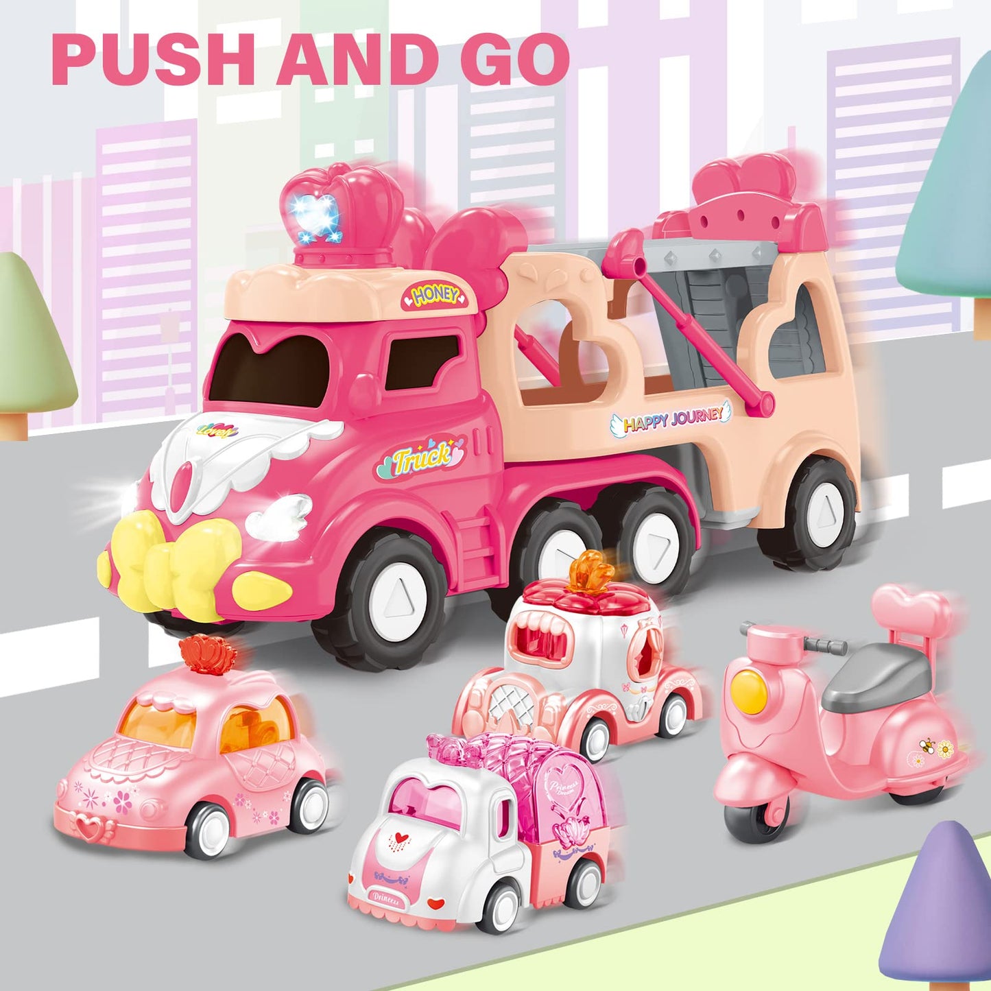 Seveclotree 9 in 1 Carrier Truck Cars Toys - Pink Princess Girl Car with Light and Sound - Toddler Toys Age 1-4