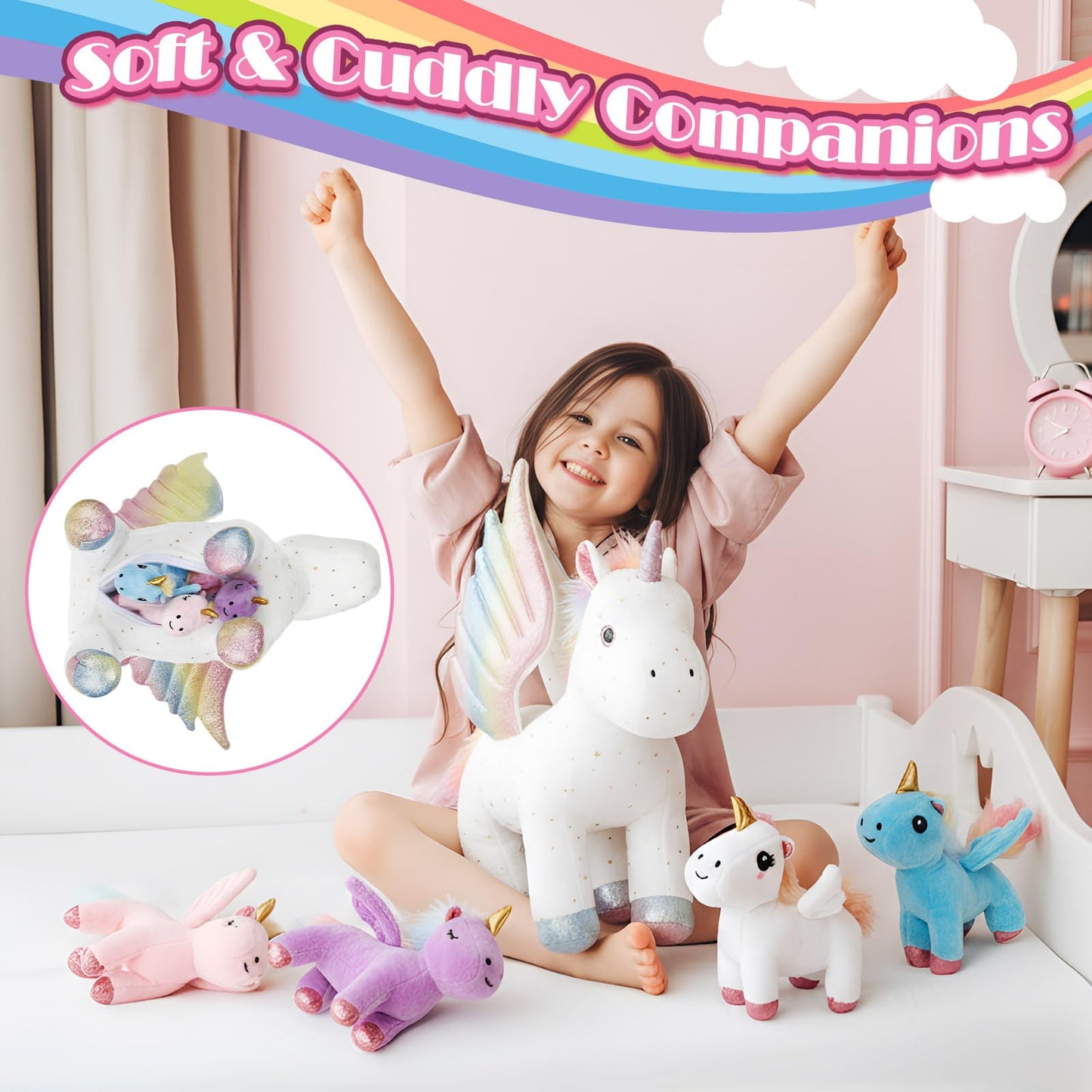 Hollowfly 5 Pcs Fly Unicorns Plush Toy Gift Set 15.7" Mom Unicorns with 4 Cute Babies Stuffed Animal in Zippered Back Nurturing Plushies Toy Set for Kid Adults Birthday Party Favors Gifts