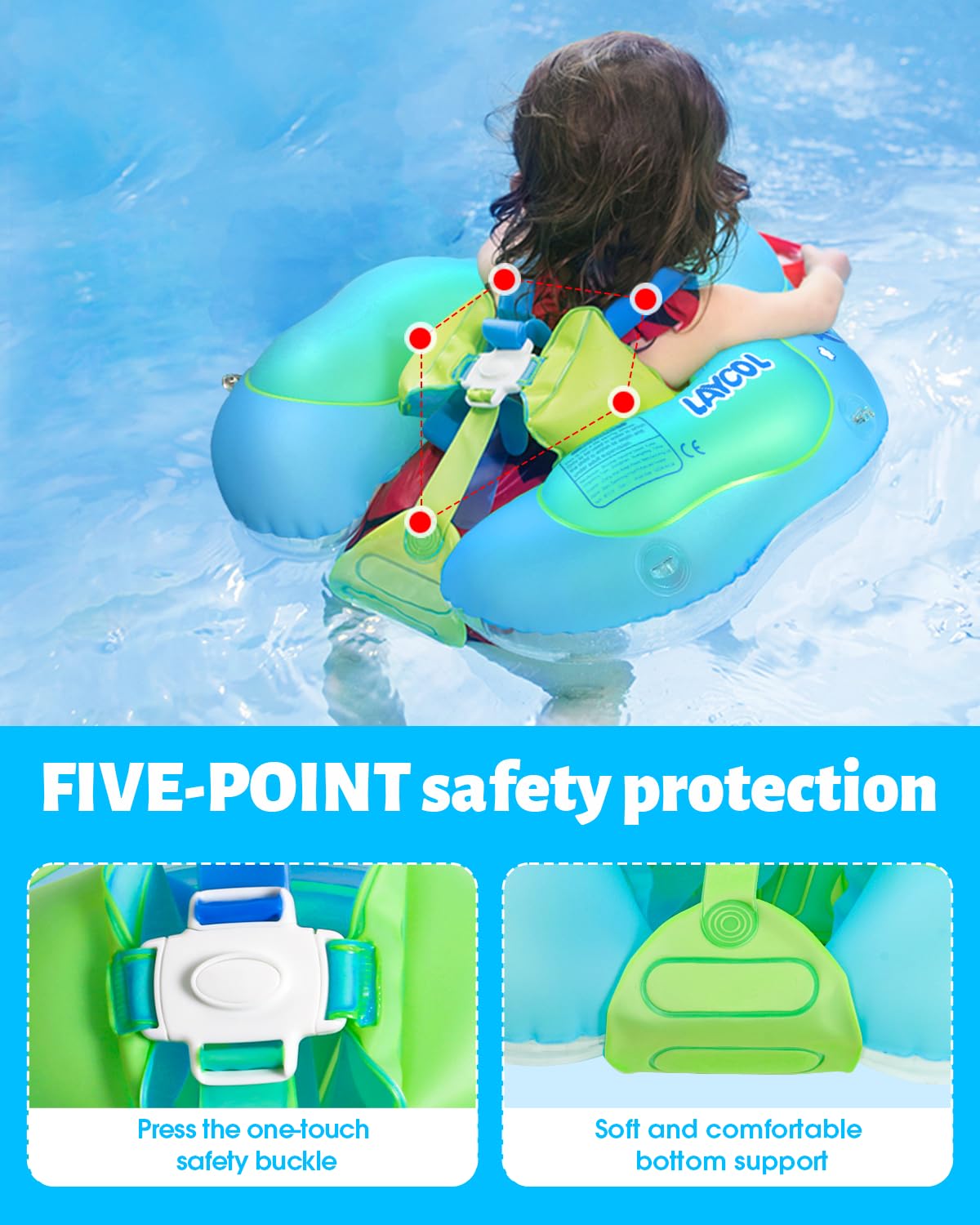 LAYCOL Baby Pool Float with Canopy UPF50+, 5 Point Safety Buckle No Flip Over, Inflatable Toddler Floaties Infant Pool Floats with Double Air Chambers, Baby Beach Essentials/Traval for 3-36M Blue S
