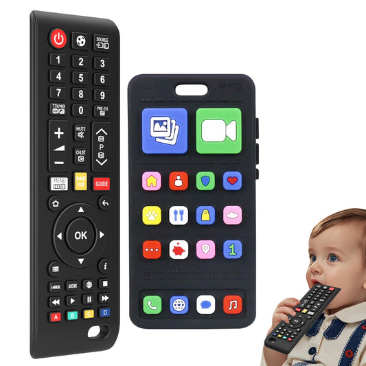 SLUQQHDU Baby Silicone Teething Toys for Babies 0-6 Months,Phone and Remote Teether Toys for Toddlers 6-12 Months,2 Pack Teether Toys Sensory Toys for Babies,Baby Chew Toys for 6-12-18 Months