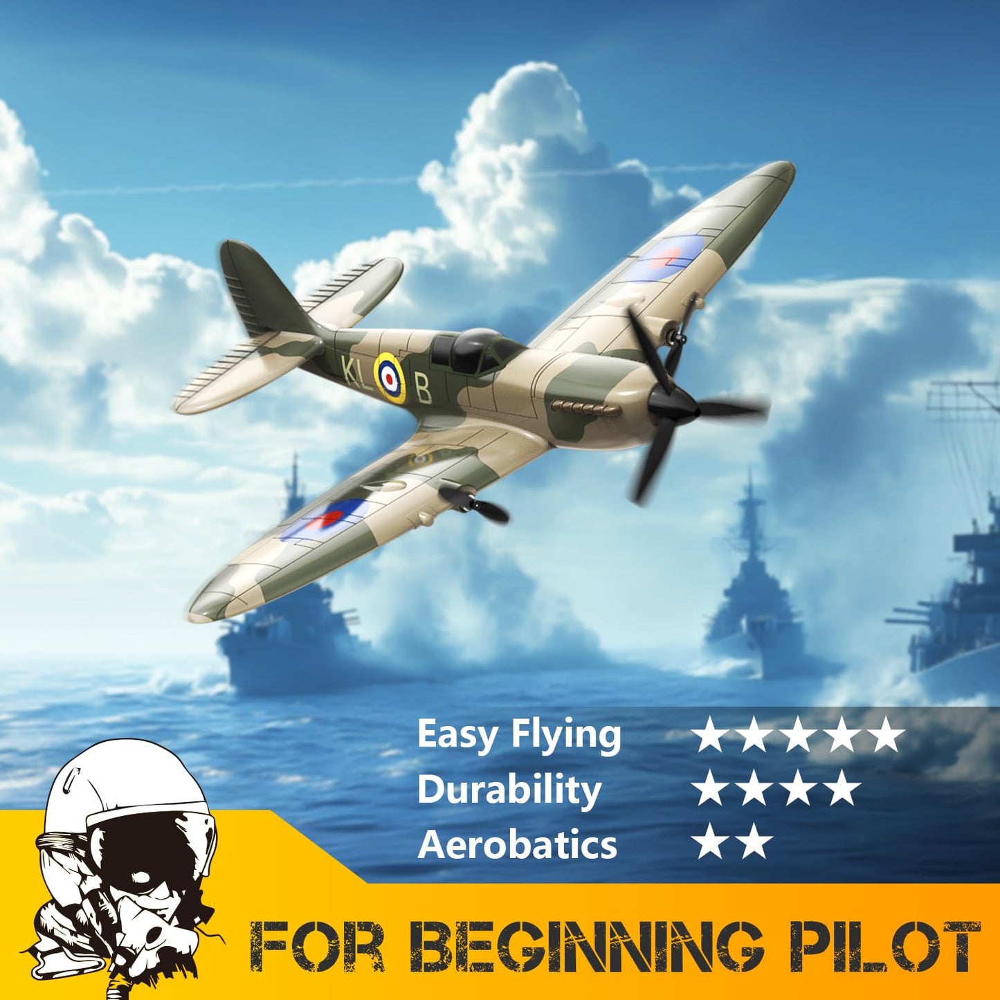 HAWK'S WORK 3 Channel RC Plane Spitfire Fighter, Remote Control Warbird Ready to Fly, 2.4GHz 6-axis Gyro Stabilizer, Easy to Fly for Kids & Beginners