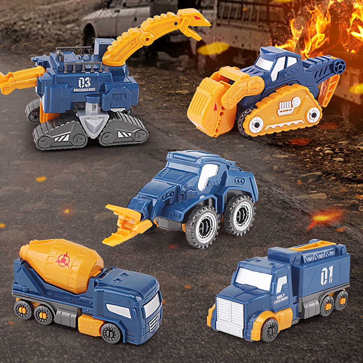 Construction Trucks Toy Dinosaur Vehicles Magnetic Set, 5-in-1 Educational STEM Building Car Kit, Transform to Big Robot, Holiday Present Birthday Gift for Toddler Kid 3 4 5 6 7 Year Old Boys Girls