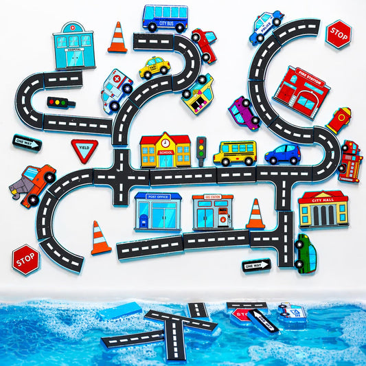 Tub Works® Tub City™ Stick, Build & Drive Toddler Bath Toy | 52 Foam Bath Stickers | Build a City with Roads, Buildings, Signs & Cars | Float & Stick to Tub Walls | Creative Bathtub Toys for Kids Bath