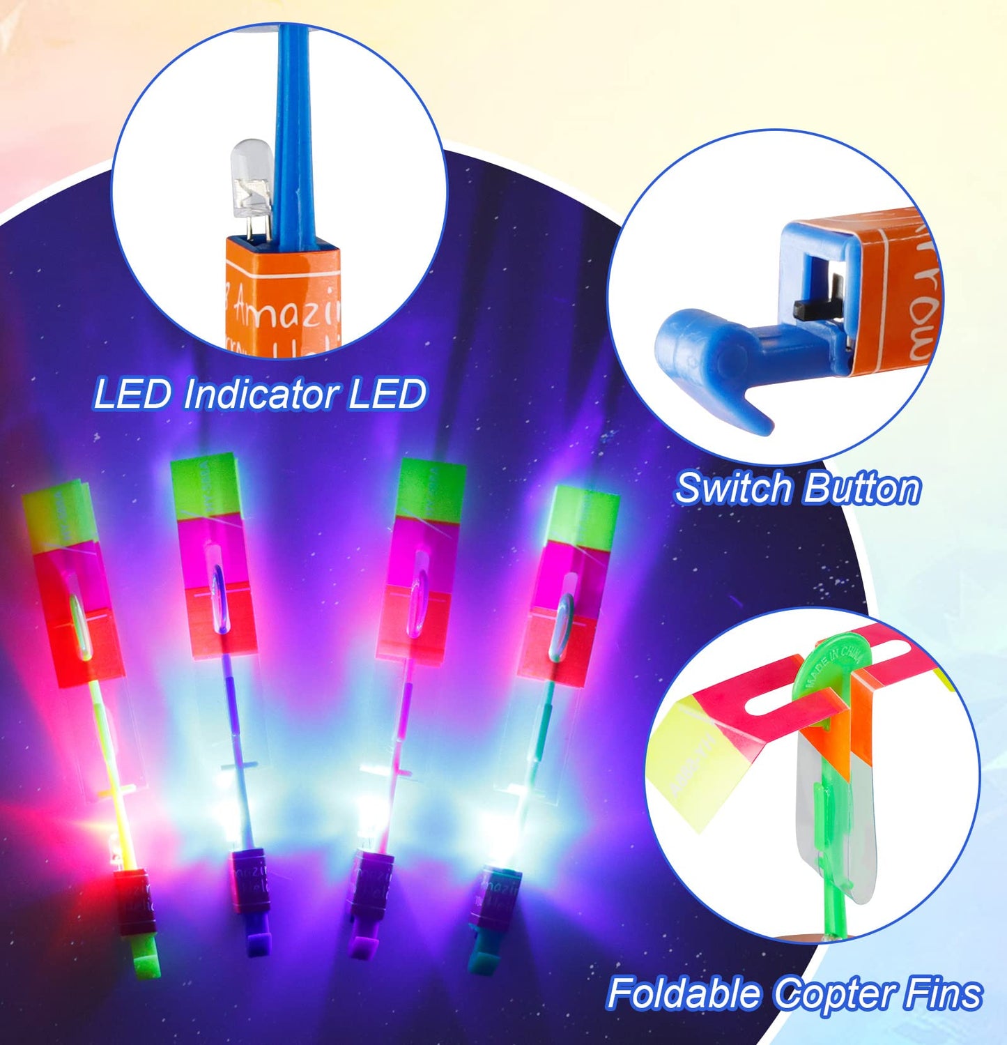 60pcs Led Arrow Helicopter Flying Toy Party Fun Gift Elastic Slingshot Flying Copters Birthdays Summer Day Party Favors Outdoor Game for Kids