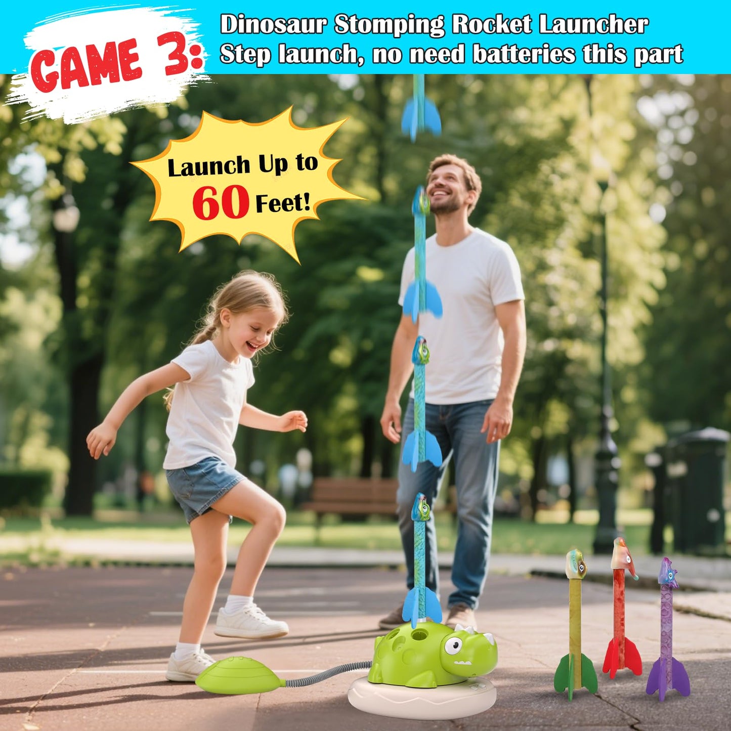 Dinosaur Rocket Launcher for Kids - 3 in 1 Outdoor Toys for Kids Ages 4-8: Stomp Rockets, Musical Jumping & Ring Toss Games with Remote Control - Outside Toys for 3-8 Year Old Boys Girls Birthday Gift