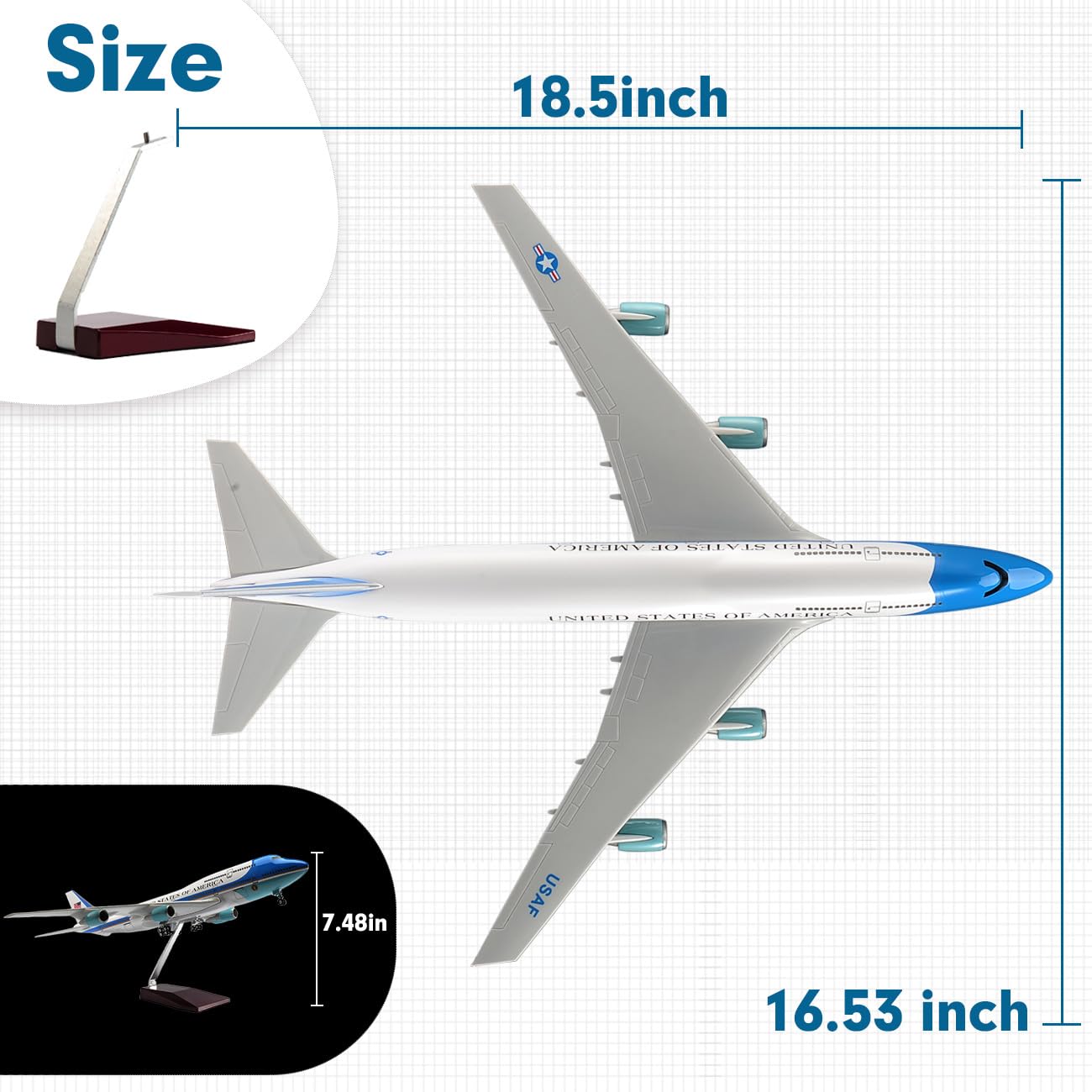 1/150 Scale Diecast Boeing 747 Airplane - US Airlines Air Force Model with Landing Gear, Voice Control, Cabin Light