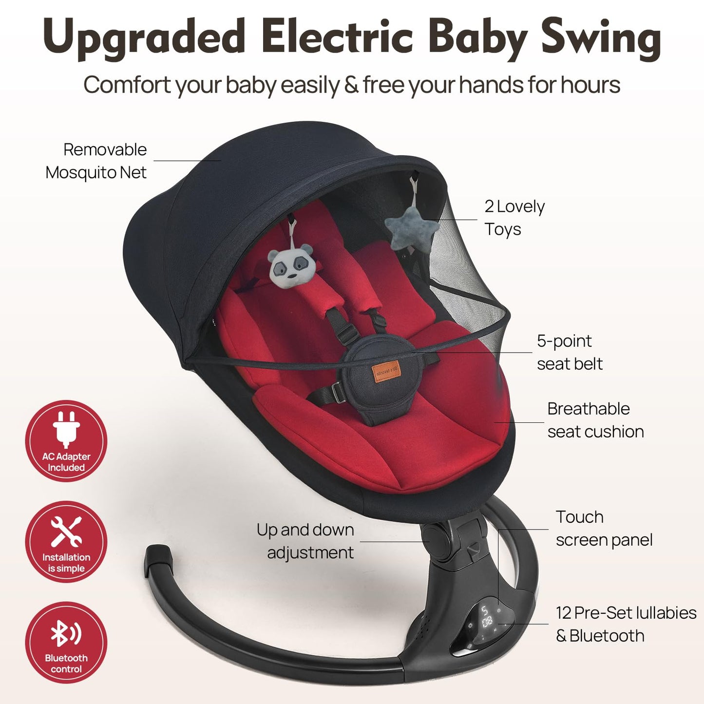 Baby Swings for Infants, Portable Baby Swing for Newborns with Bluetooth, Electric Infant Swing with 5 Speed Motions, 12 Soothing Melodies & Remote Control (Max 20 lbs, Red)