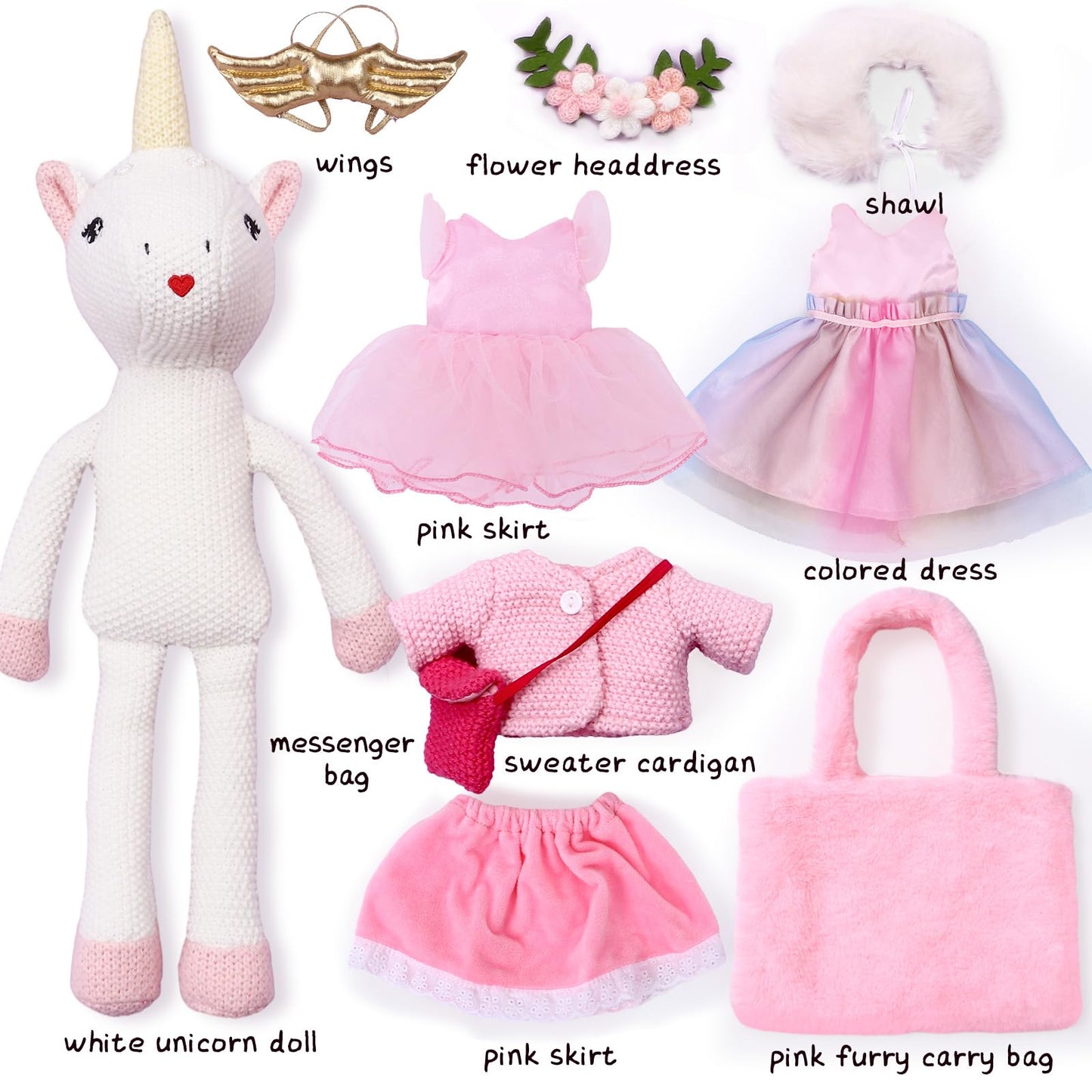 Unicorn Doll Stuffed Animal Toys for Girls - Ballerina Doll | Plush Carrier Bag | 3 Set Cloth Accessories, Kids Pretend Play Crochet Gifts, Birthday Gift for 3 4 5 6 Year Old Little Girl Unicorn Toys