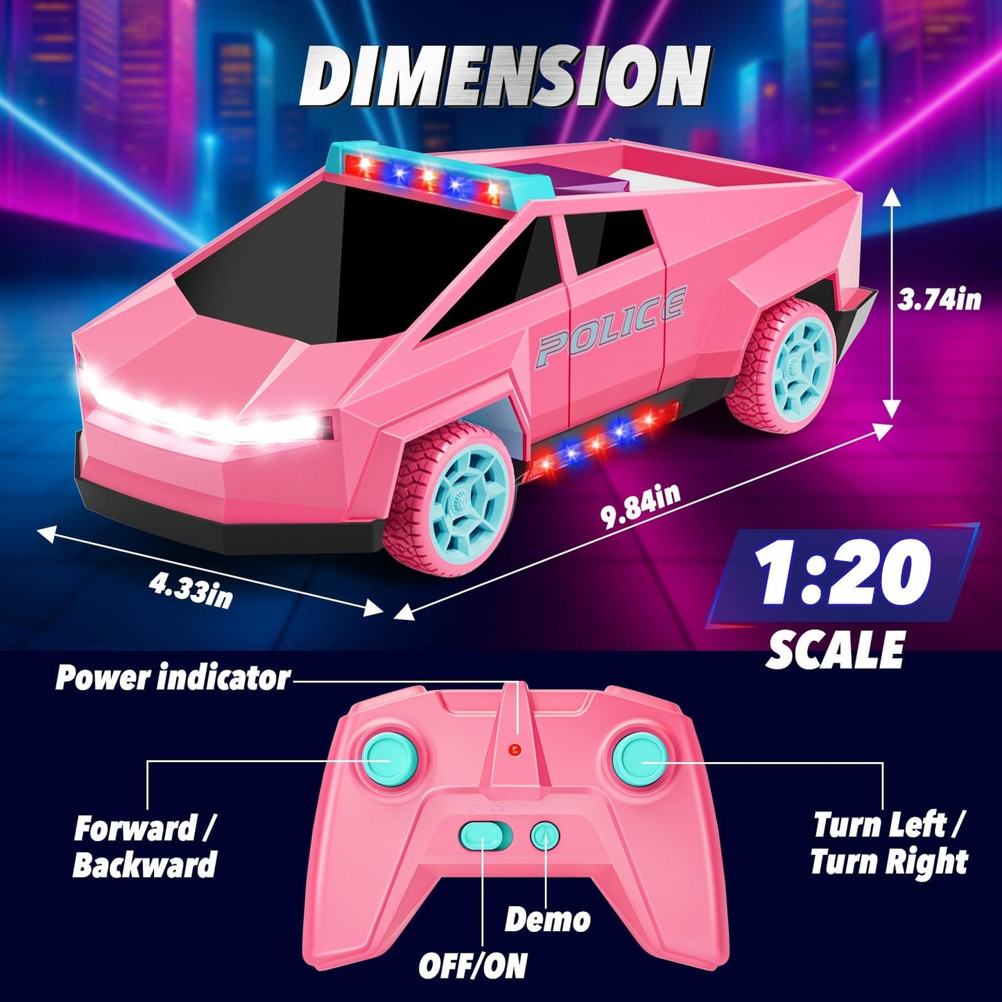 MACALOCA Cool Remote Control Car Toys for Girls, 1:20 Pink Police RC Truck with Flashing LED Lights and Loadspace, 2.4 GHz Rechargeable Racing RC Cars Vehicle Toys, Summer for Kids 3 5 7 10