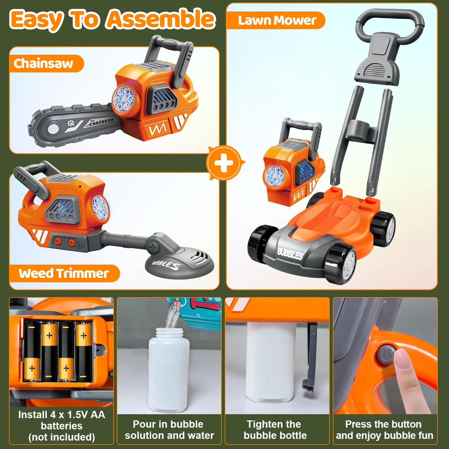 juman Bubble Lawn Mower for Kids, 3in1 Electric Bubble Machine with 10 Bubble Solution, Summer Outdoor Toddler Toys Bubble Blower with Lights, Party Birthday Gift for Boys Girls 3 4 5 6 7 8 Year