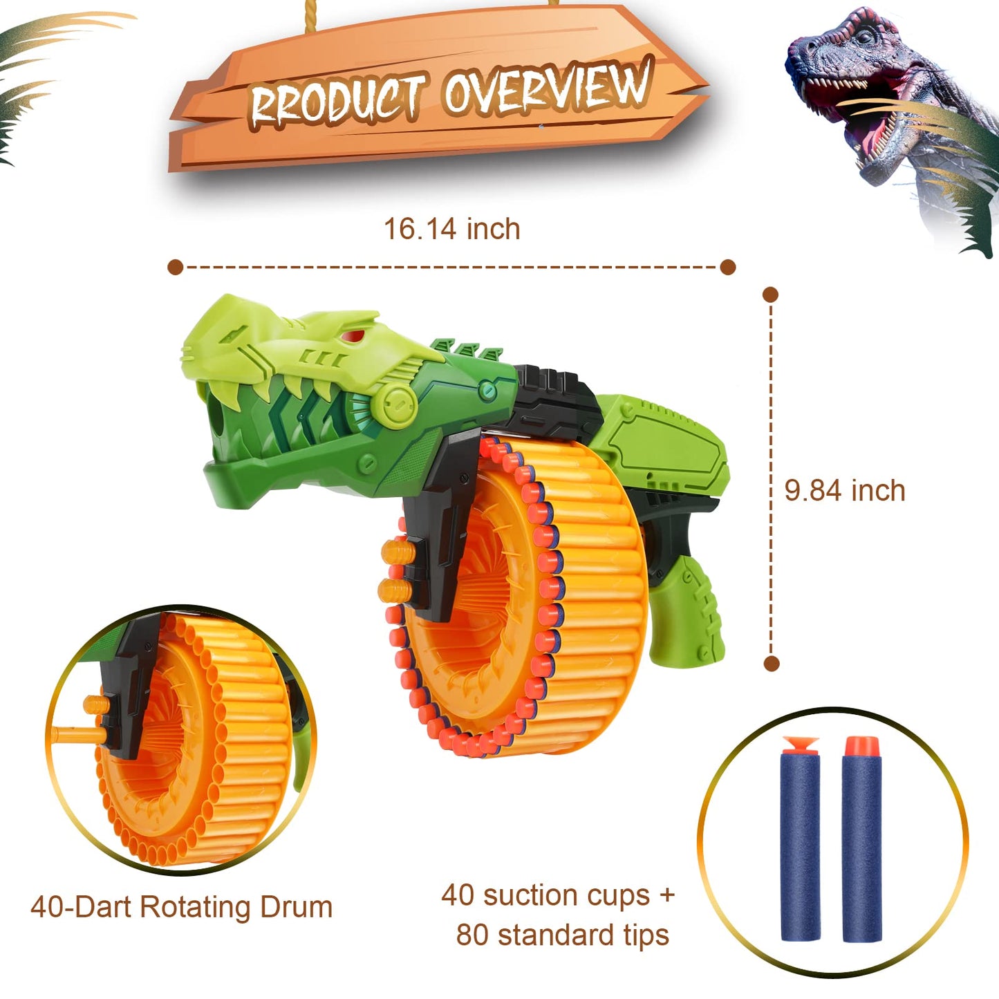 Toy Gun Toy Foam Blasters with 120 Foam Bullets, 40-Dart Rotating Drum, Foam Dart Gun Shooting Game for Indoor Outdoor Activity, Dinosaur Toys Birthday Xmas Gifts for Kids, Teens, Adults 6+