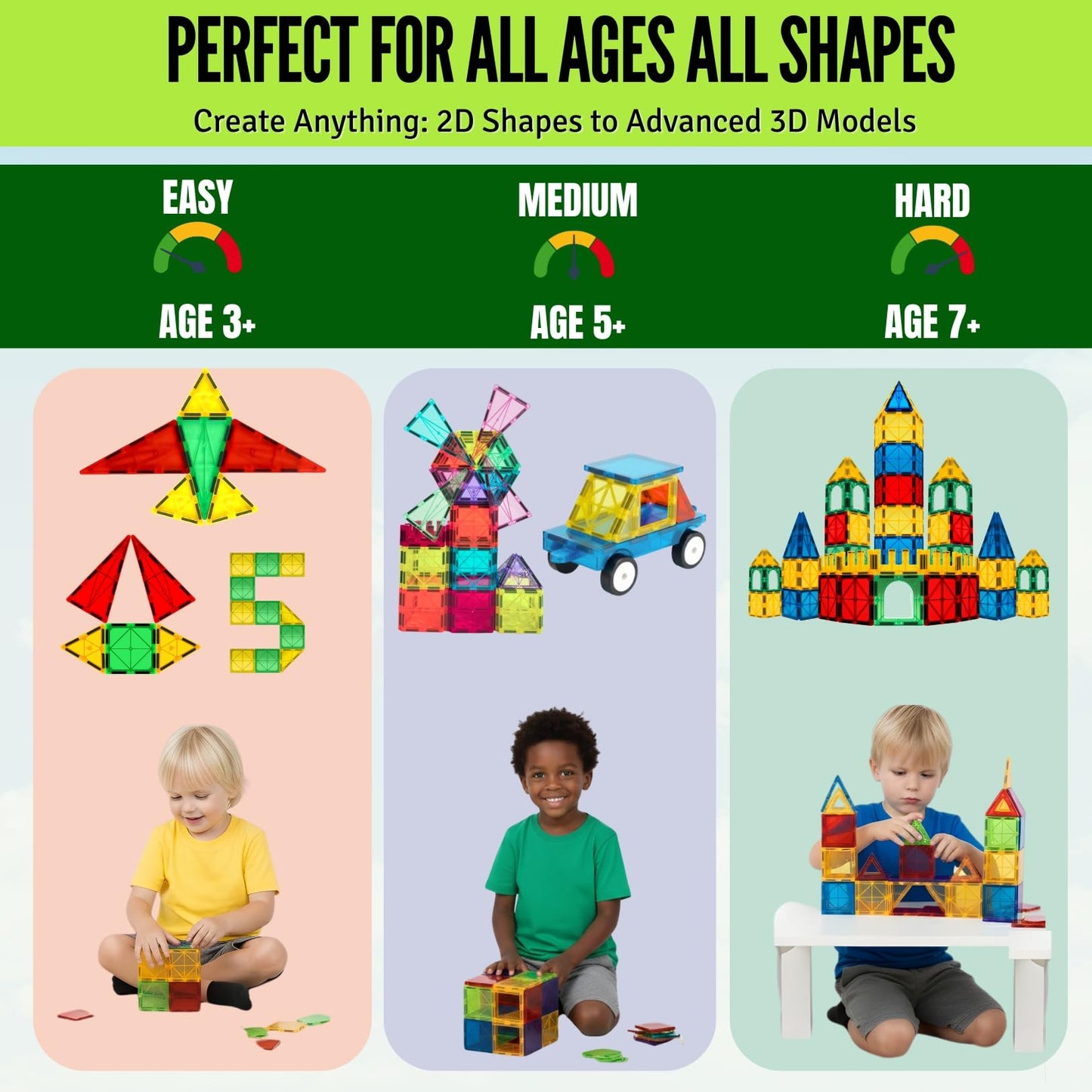 Little Vo Magnetic Tiles 150 PCS with 2 Cars Bases, STEM Magnet Building Tiles for Kids Ages 3-12, Educational Building Magnets Toys, Creative Construction, Preschool Learning & Play for Childs