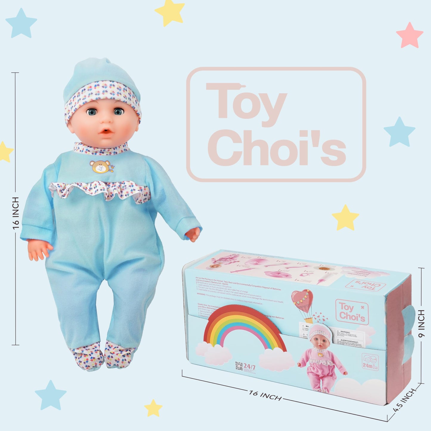 Toy Choi's Interactive Baby Doll - 16 Inch Crying Talking Feeding Dolls with Different Sounds and Accessories, Pretend Play Preschool Toys for 2 3 4 5+ Year Old Girls Boys Gift, Blue