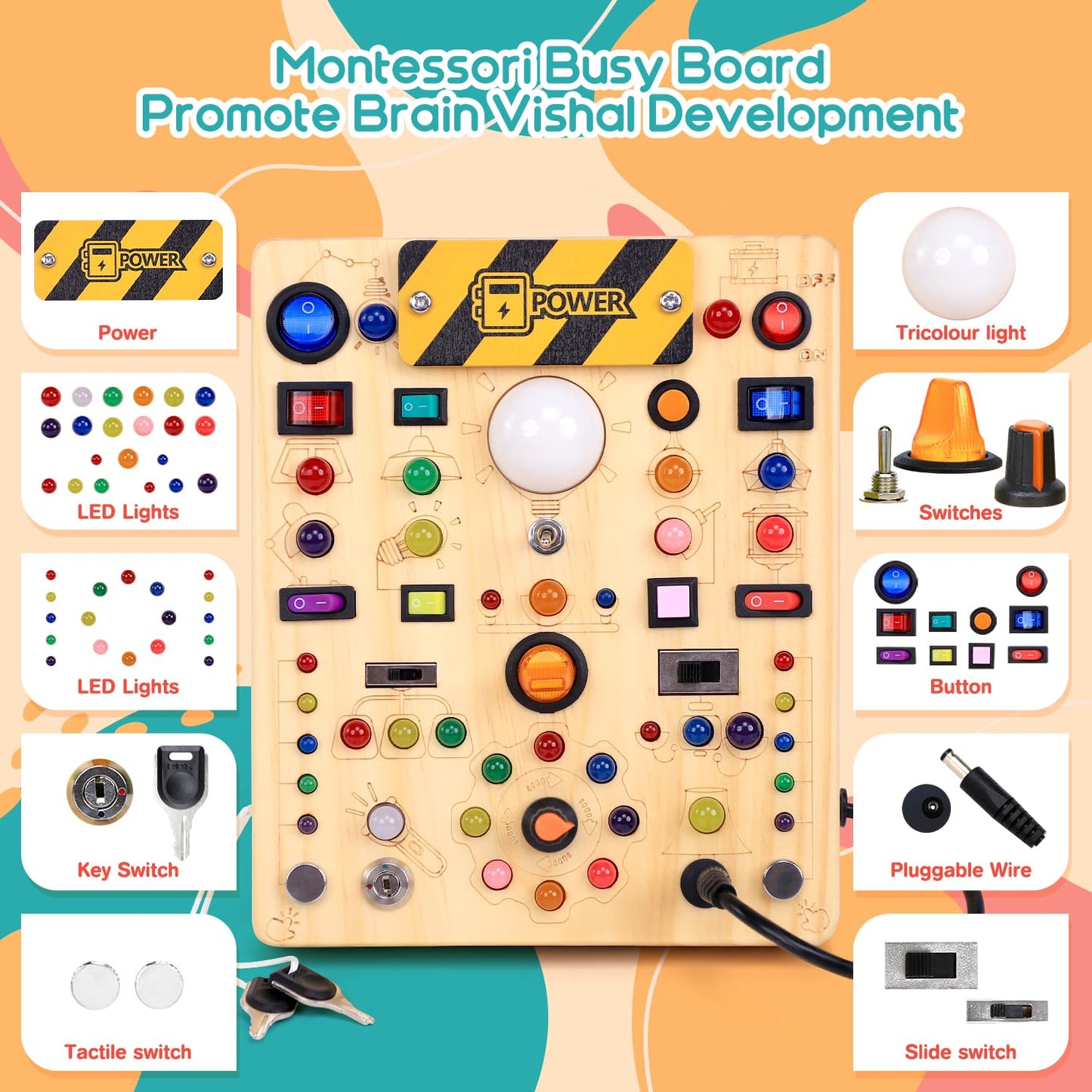 RichBoy Montessori Toy Busy Board with 40 LED Lights, 59-in-1 Sensory Toys for Toddlers, Travel Educational Activity for Airplane, Ideal Christmas Birthday Gift for Boys & Girls (7.8" x 6.5")