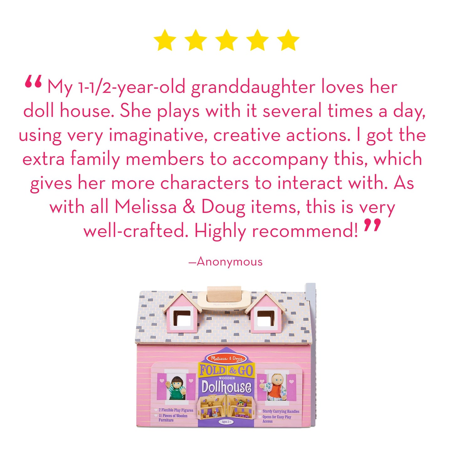Melissa & Doug Fold & Go Wooden Dollhouse with 2 Dolls and 11 Pieces of Furniture - Portable Mini Doll House with Accessories and Toy Figures, Ages 3+