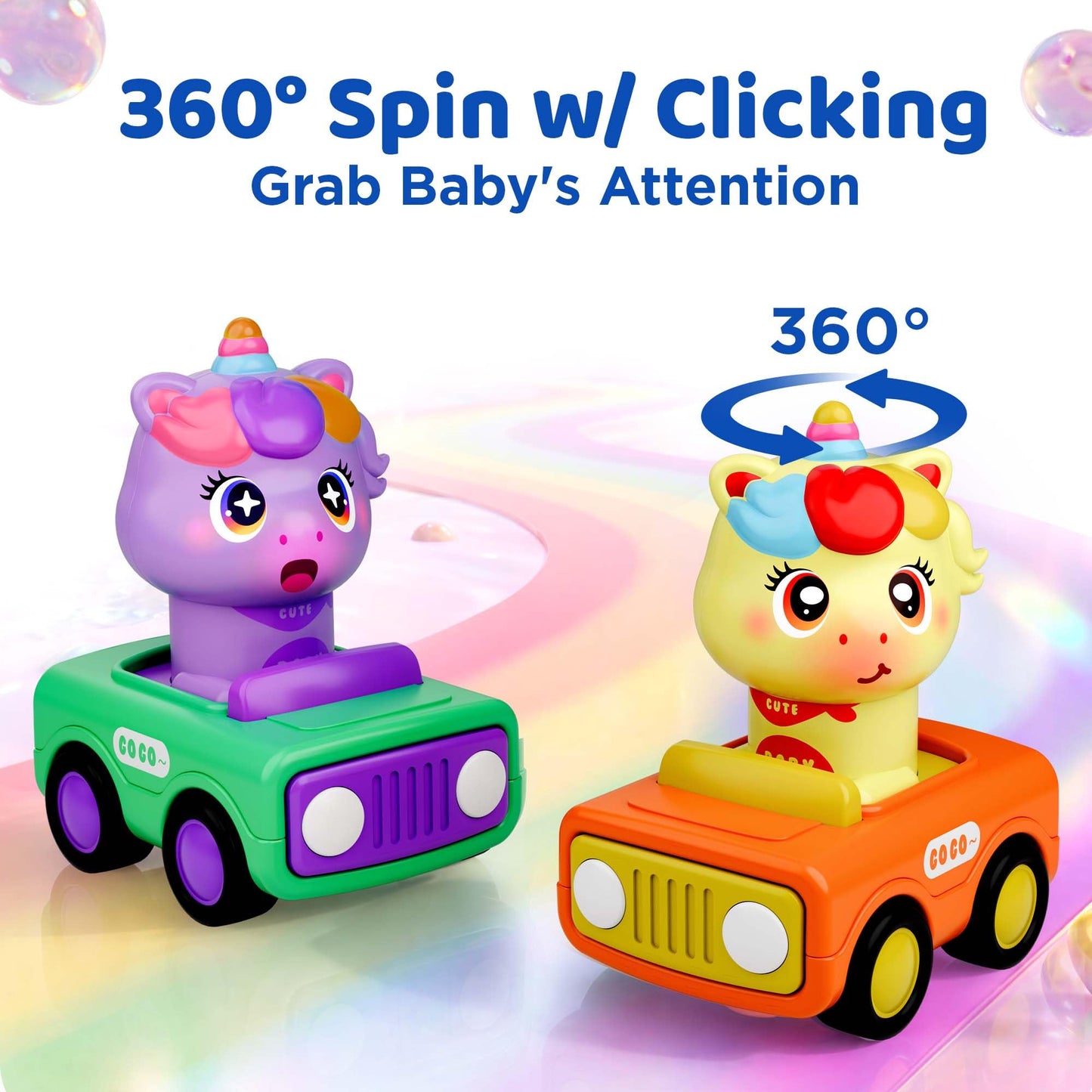 iPlay, iLearn Press to Go Unicorn Car Toys for Toddler 1-3, Baby Animal Racing Cars, Infant Girl Push Go Friction Toy, Kids Play Vehicle for 12 18 24 Month, 1st Birthday Gifts for 1 2 One Yr Child Boy
