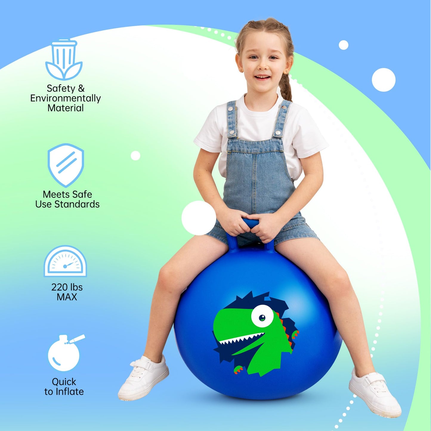 ZOOJOY Hopper Ball, Hopping Toys for Kids, 18inch Bouncy Ball with Handle for Boys Girls Aged 3-8, Inflatable Dinosaur Bounce Hopper Toy with Pump