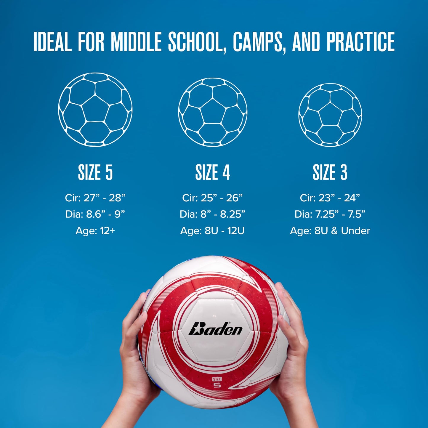 Baden Z-Series Soccer Ball – Size 3, 4, or 5 – Machine Stitched Durable Ball for Outdoor Play, Camps, Practice & Training – Cushioned Cover with Reinforced Bladder (Red, Size 5)
