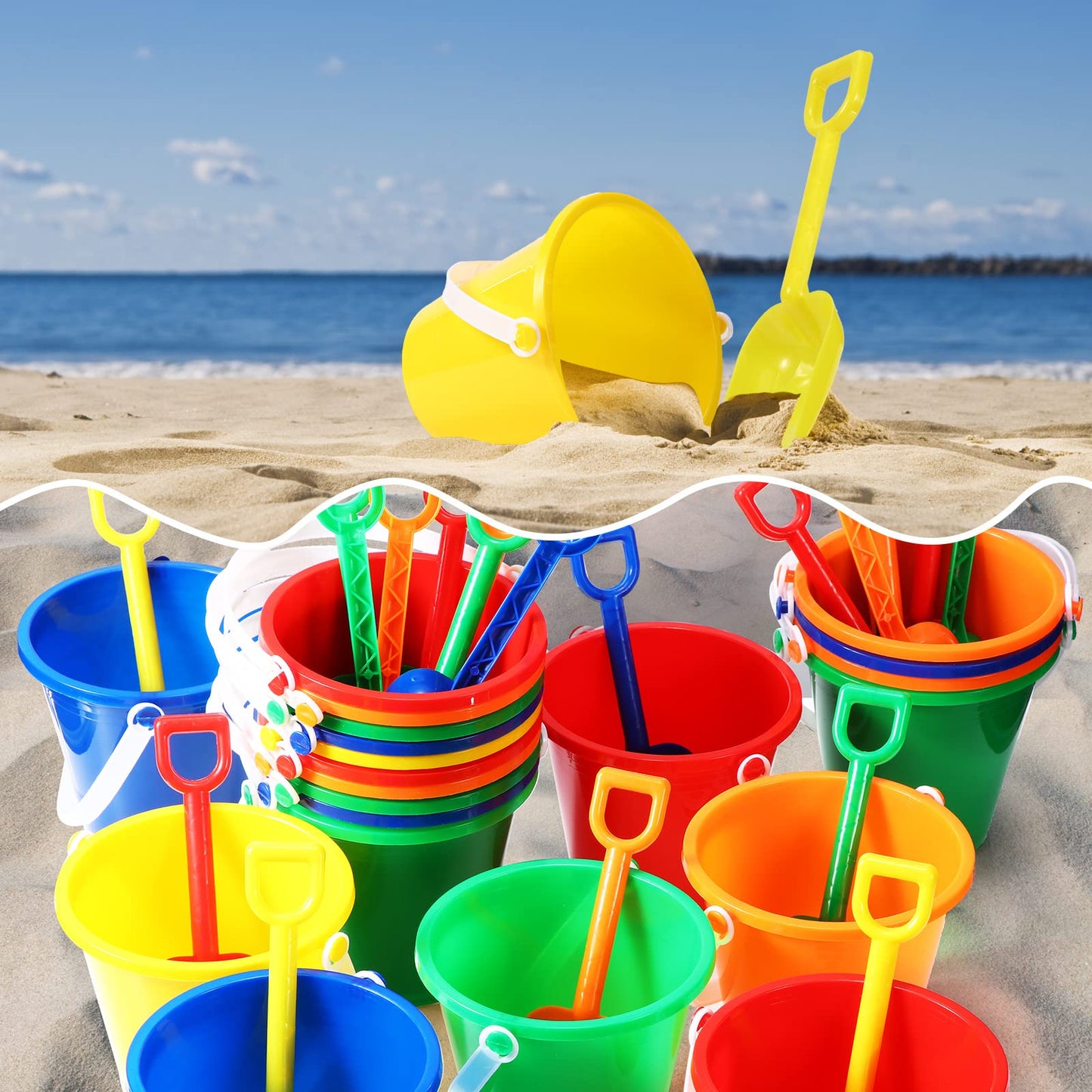 Woanger Set of 36 Beach Pails, Buckets and Shovels - 5 Inch Sand Play Set - Colorful Plastic Beach Buckets - Sand Castle Kit for Boys and Girls Birthday Party Favor