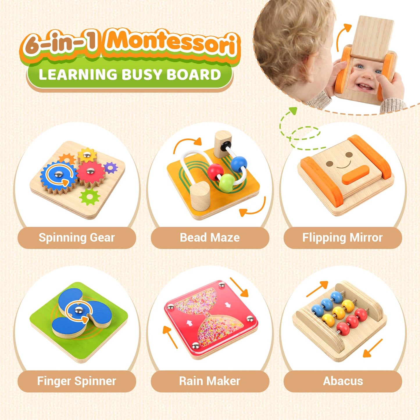 Montessori Busy Board for 1 Year Old: Modular Sensory Activity Board for Babies, Sorting & Stacking Toys for Toddlers 1-3, Learning Fine Motor Wooden Toys, Toddler Plane Activities Gifts Girls Boys