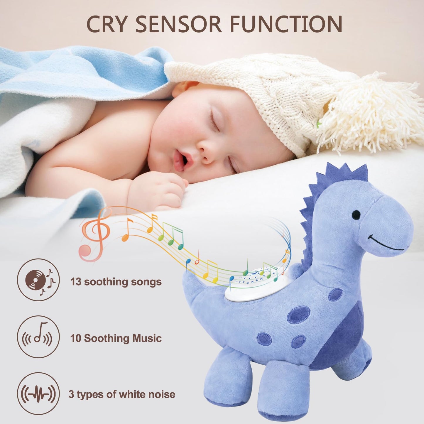 wiqins Baby Sleep Soother Cry Sensor Dinosaur Night Light Projector Baby Sound Machine Plush Stuffed Animal Toys for Boys Girls Pillow Ceiling for Toddler Lullabies & White Noise Sound