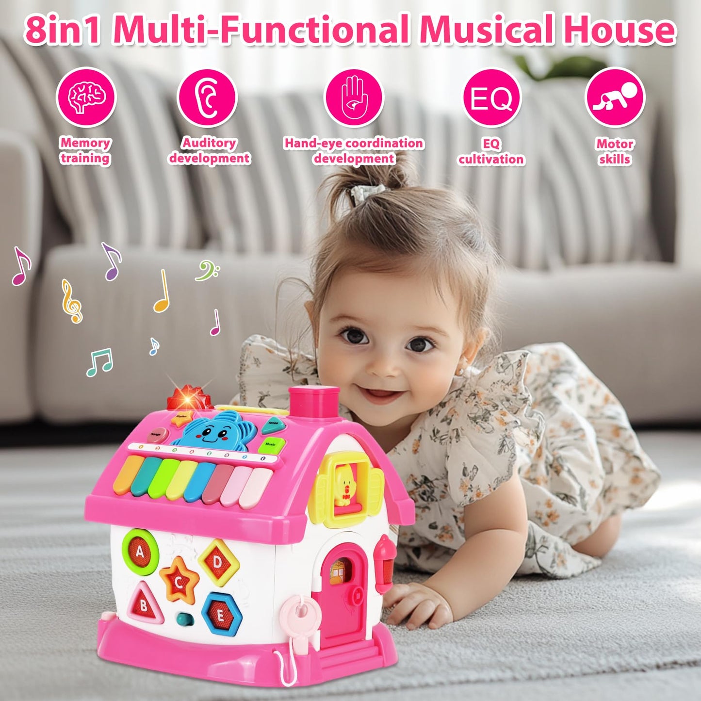 Aitbay Toys for 1 Year Old Girl Gifts: Baby Musical Toys 12-18 Months 8-in-1 Multi-Functional House - Montessori Educational Toys for Toddlers 1-3 - First Christmas 1st Birthday Gifts